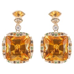 Pendants d'oreilles en citrine, pierres multiples et diamant blanc en 18KYG,