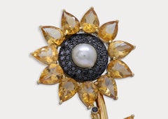 Citrine, Natural Pearls and Black Diamonds 18k Sunflower Brooch