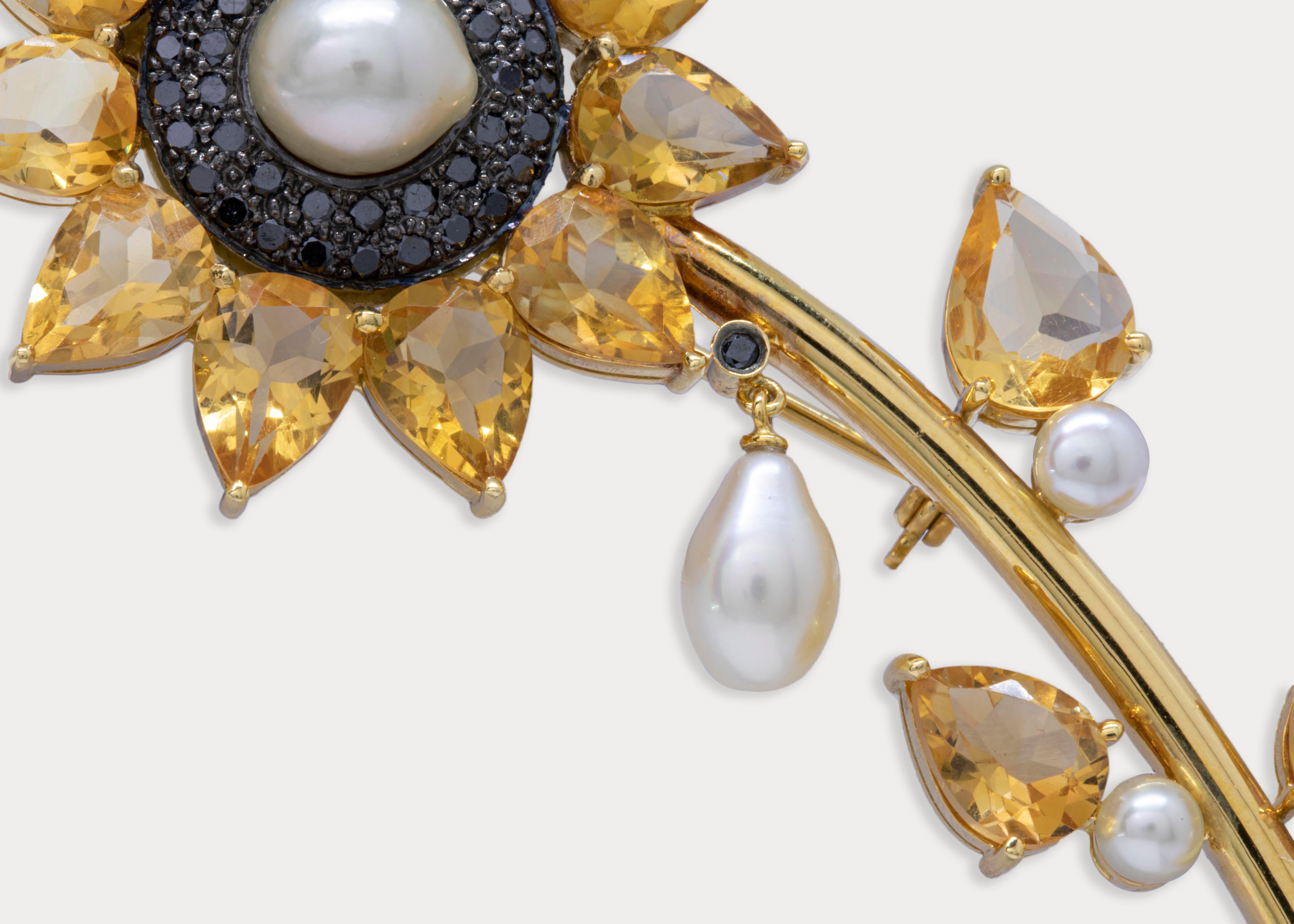 Pear Cut Citrine, Natural Pearls and Black Diamonds 18k Sunflower Brooch For Sale
