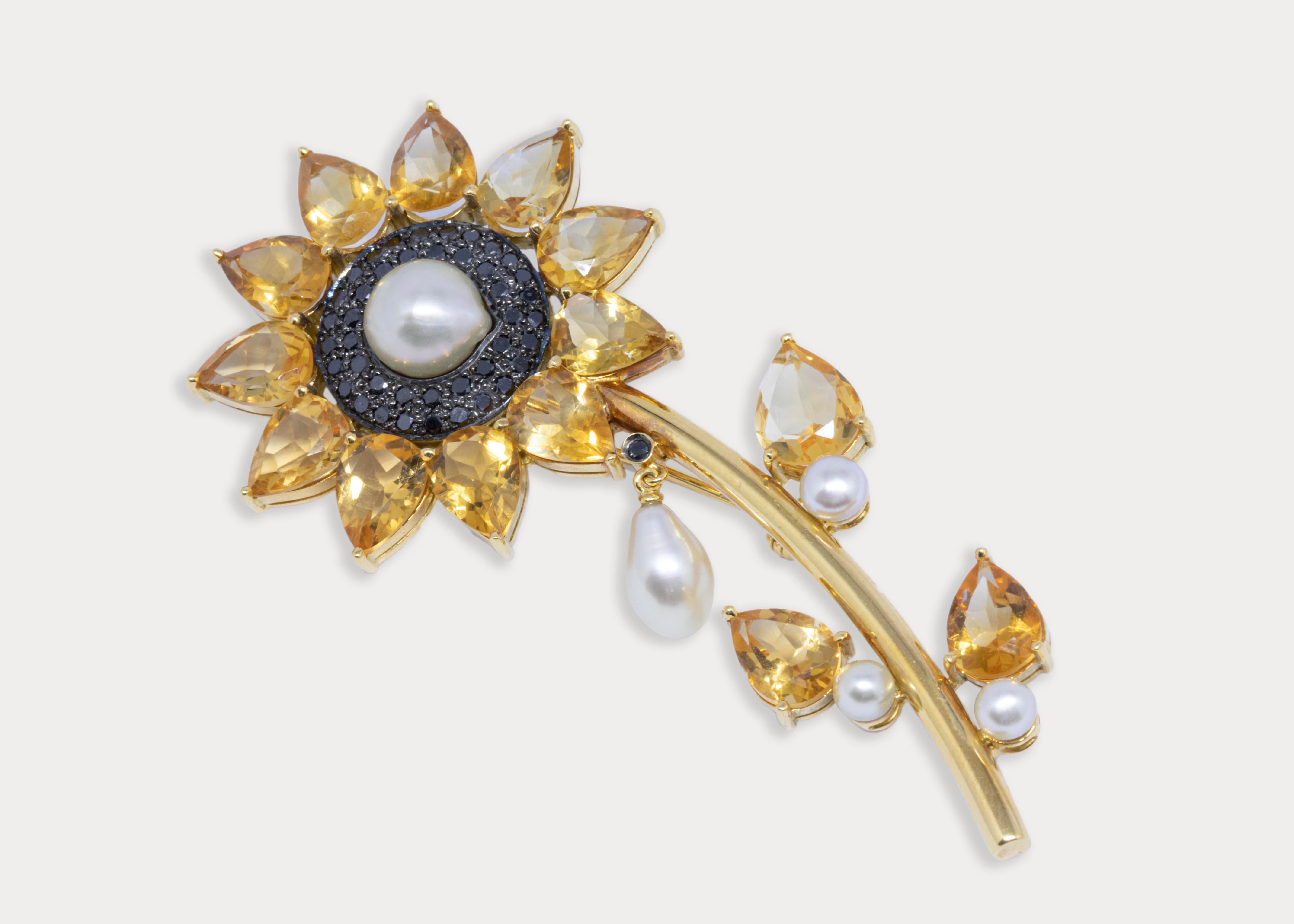 Women's or Men's Citrine, Natural Pearls and Black Diamonds 18k Sunflower Brooch For Sale
