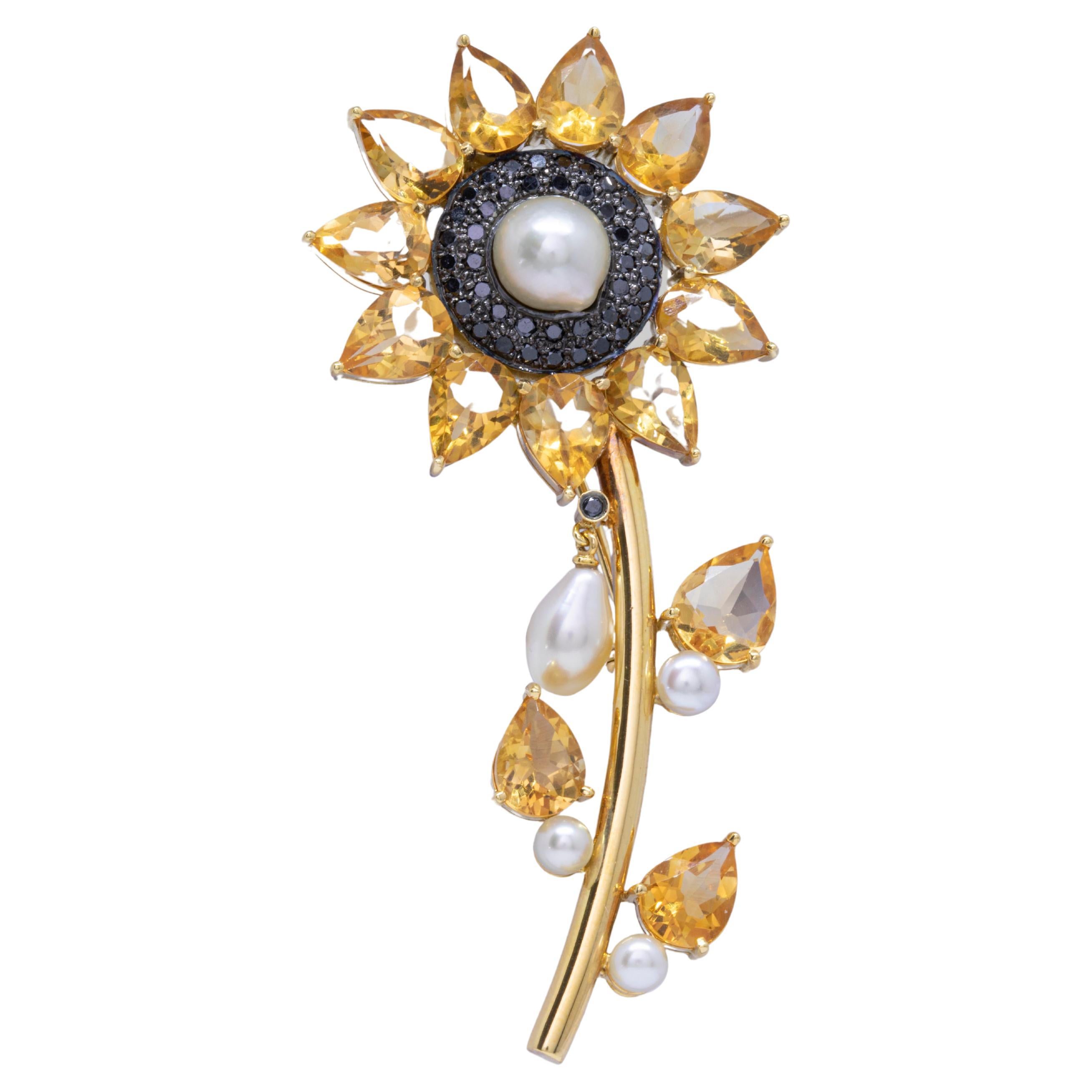 Citrine, Natural Pearls and Black Diamonds 18k Sunflower Brooch For Sale