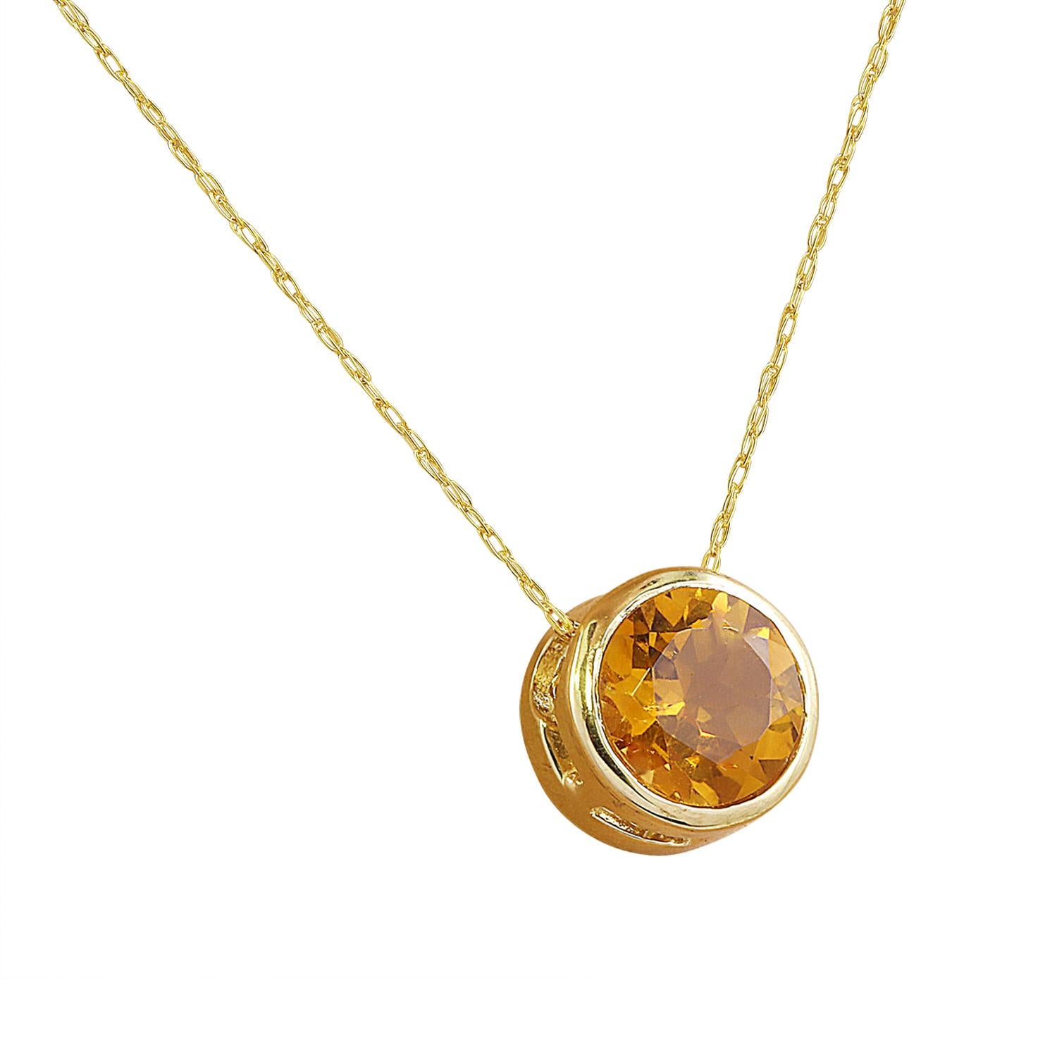 1.50 Carat Citrine 14K Yellow Gold Necklace
Stamped: 14K
Total Necklace Weight: 1.4 Grams
Length: 16 Inches
Citrine Weight: 1.50 Carat (6.50x6.50 Millimeters)
Treatment: Heating
Face Measures: 8.20x8.20 Millimeters 
SKU: [600193]