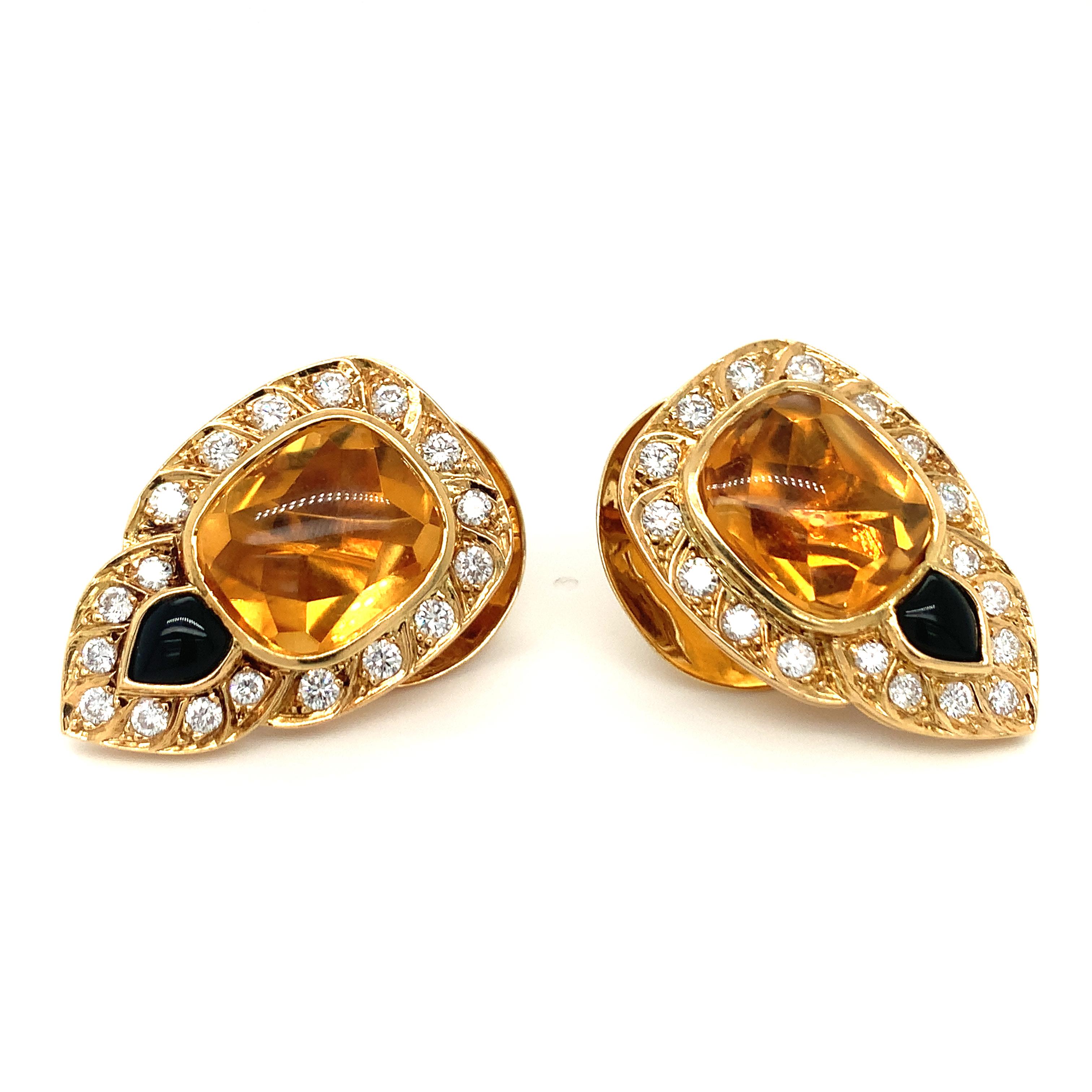 Cabochon Citrine, Onyx and Diamond 18K Gold Earrings by Chaumet For Sale