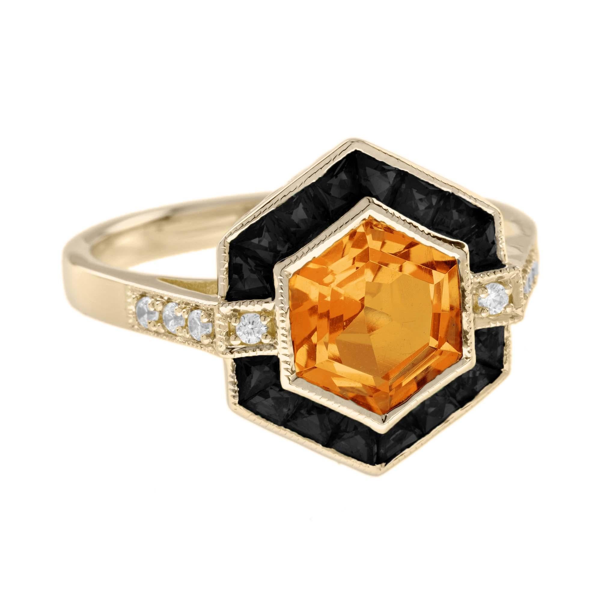 Hexagon Cut Citrine Onyx Diamond Art Deco Style Hexagon Ring in 14K Yellow Gold For Sale