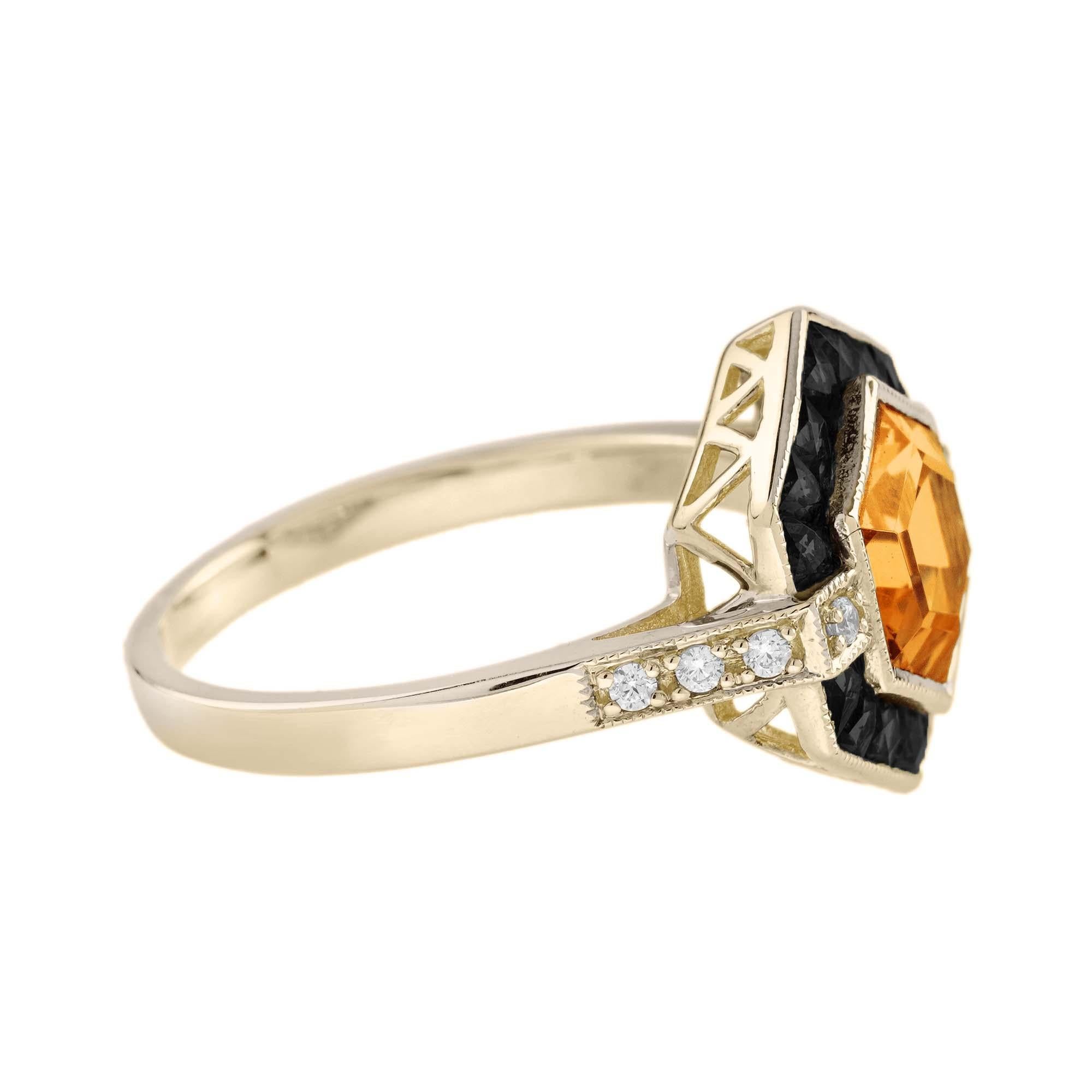 Citrine Onyx Diamond Art Deco Style Hexagon Ring in 14K Yellow Gold In New Condition For Sale In Bangkok, TH