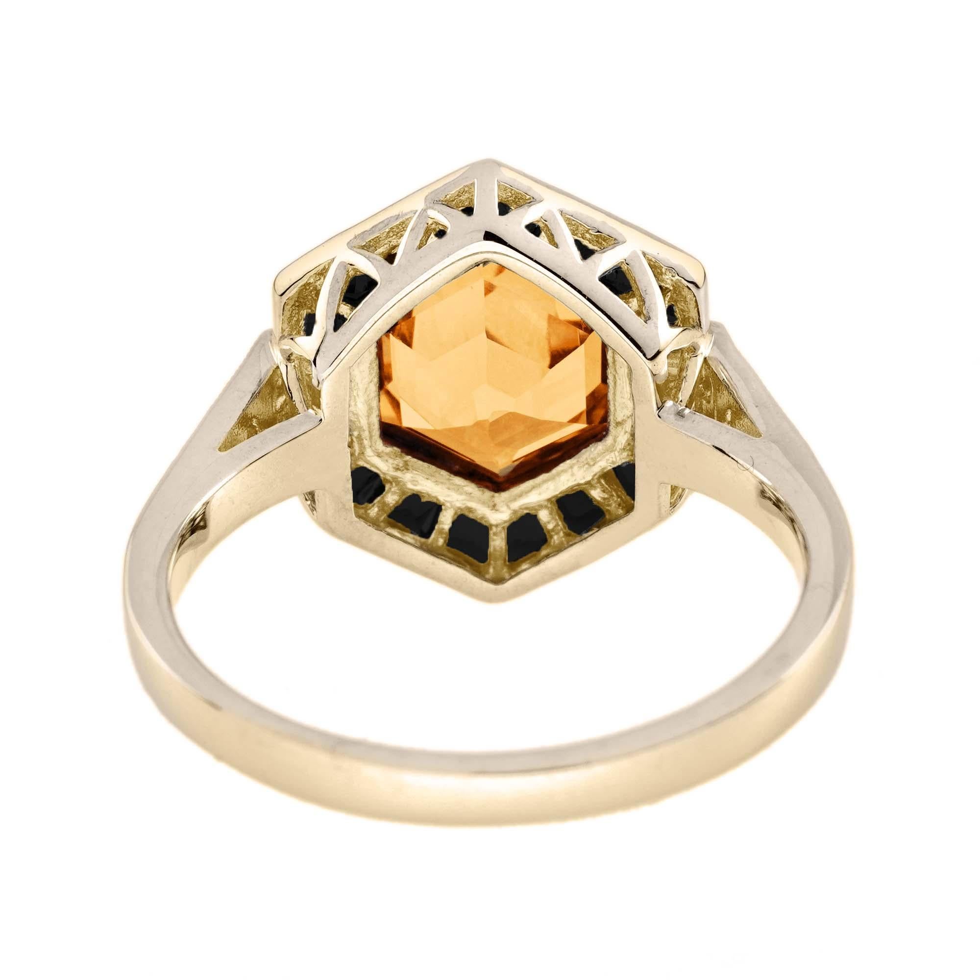 Women's or Men's Citrine Onyx Diamond Art Deco Style Hexagon Ring in 14K Yellow Gold For Sale