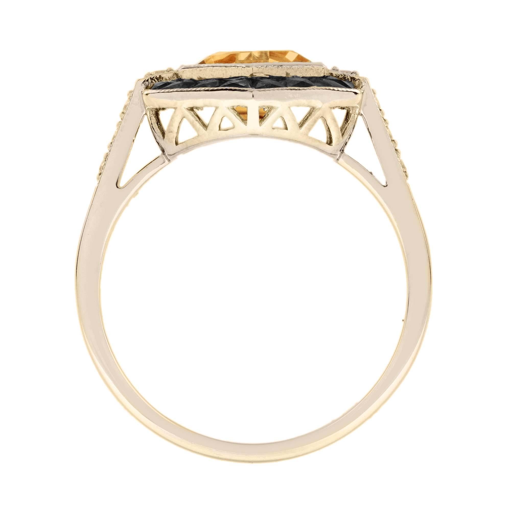 Citrine Onyx Diamond Art Deco Style Hexagon Ring in 14K Yellow Gold For Sale 1