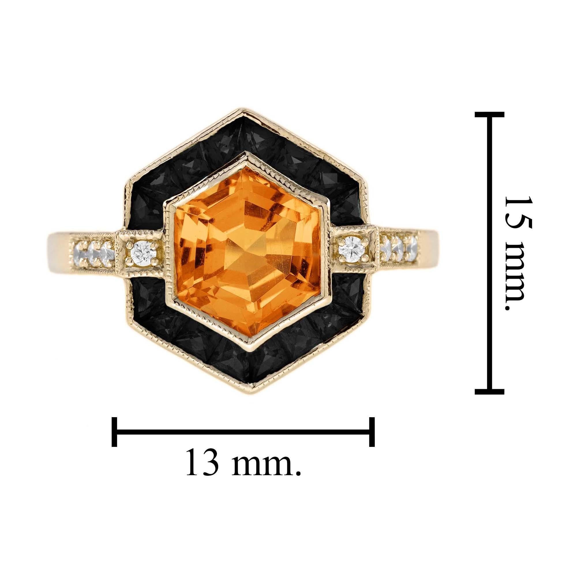 Citrine Onyx Diamond Art Deco Style Hexagon Ring in 14K Yellow Gold For Sale 2