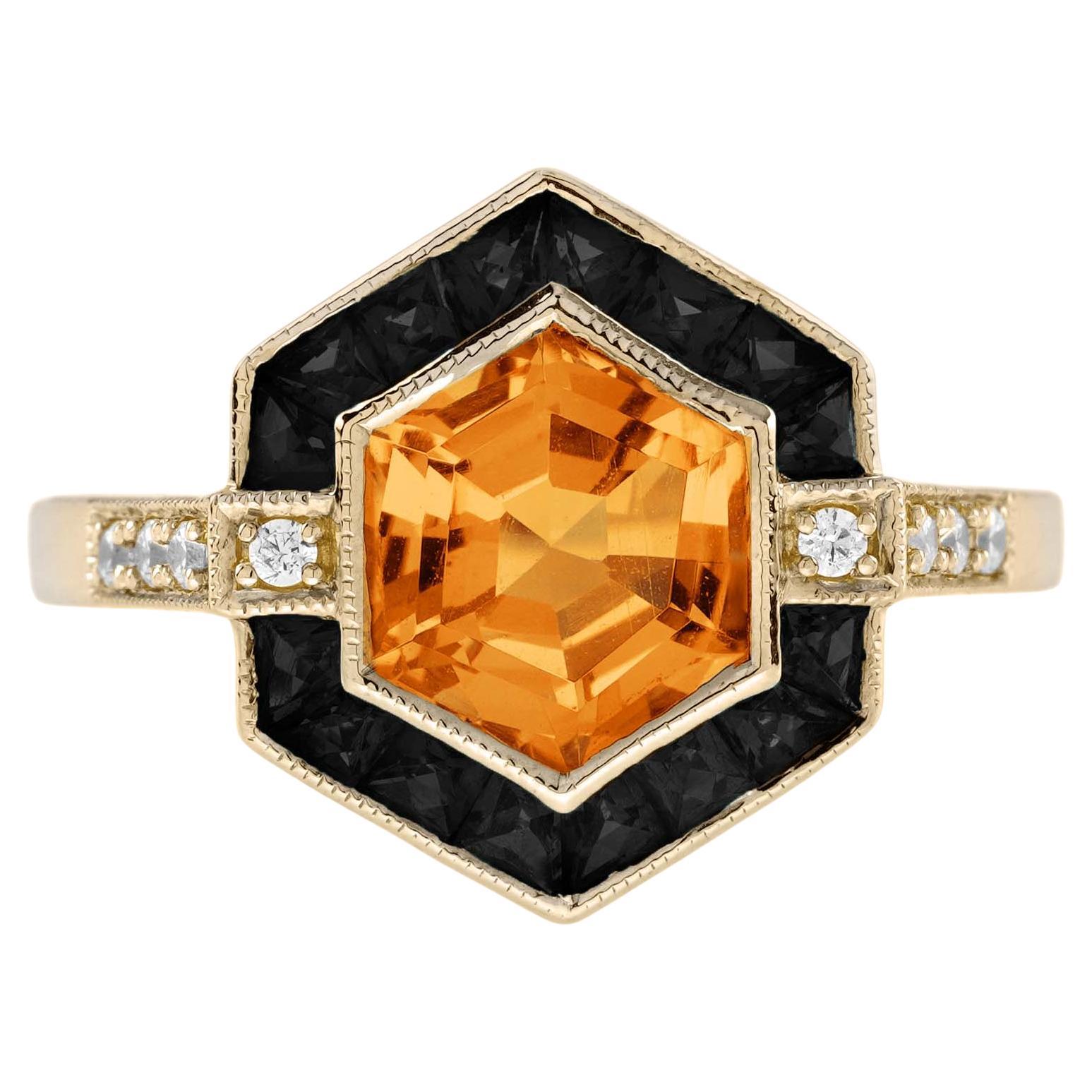 Citrine Onyx Diamond Art Deco Style Hexagon Ring in 14K Yellow Gold For Sale