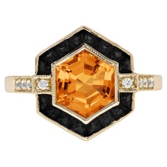 Anillo Hexágono Estilo Art Decó de Oro Amarillo de 14K con Citrino Ónice y Diamante