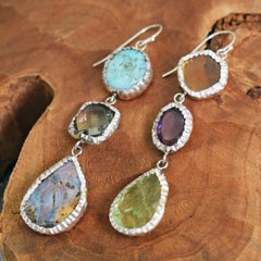 Citrine, Opal and Turquoise Sterling Silver Asymmetrical Dangle Earrings