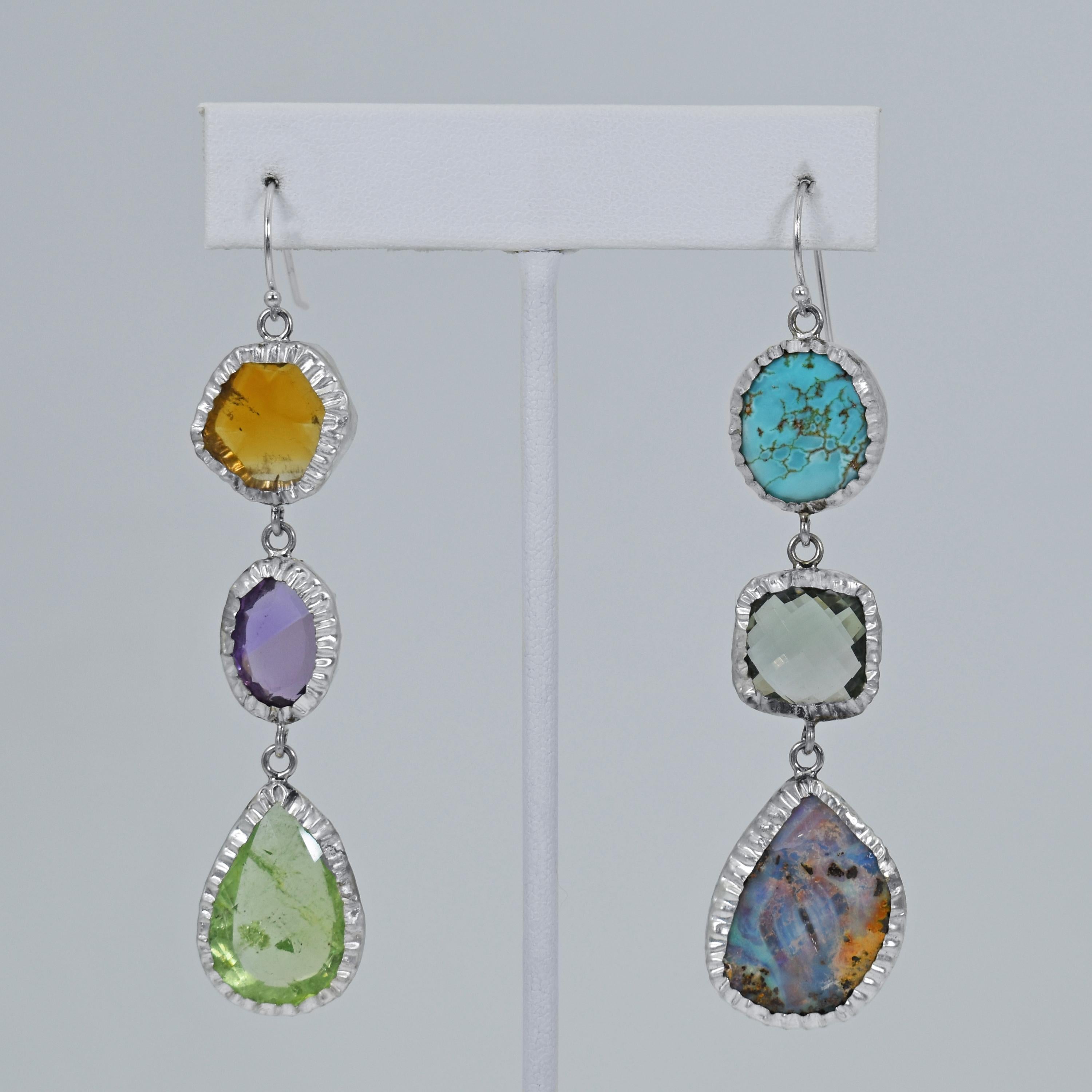 Contemporary Citrine, Opal and Turquoise Sterling Silver Asymmetrical Dangle Earrings For Sale