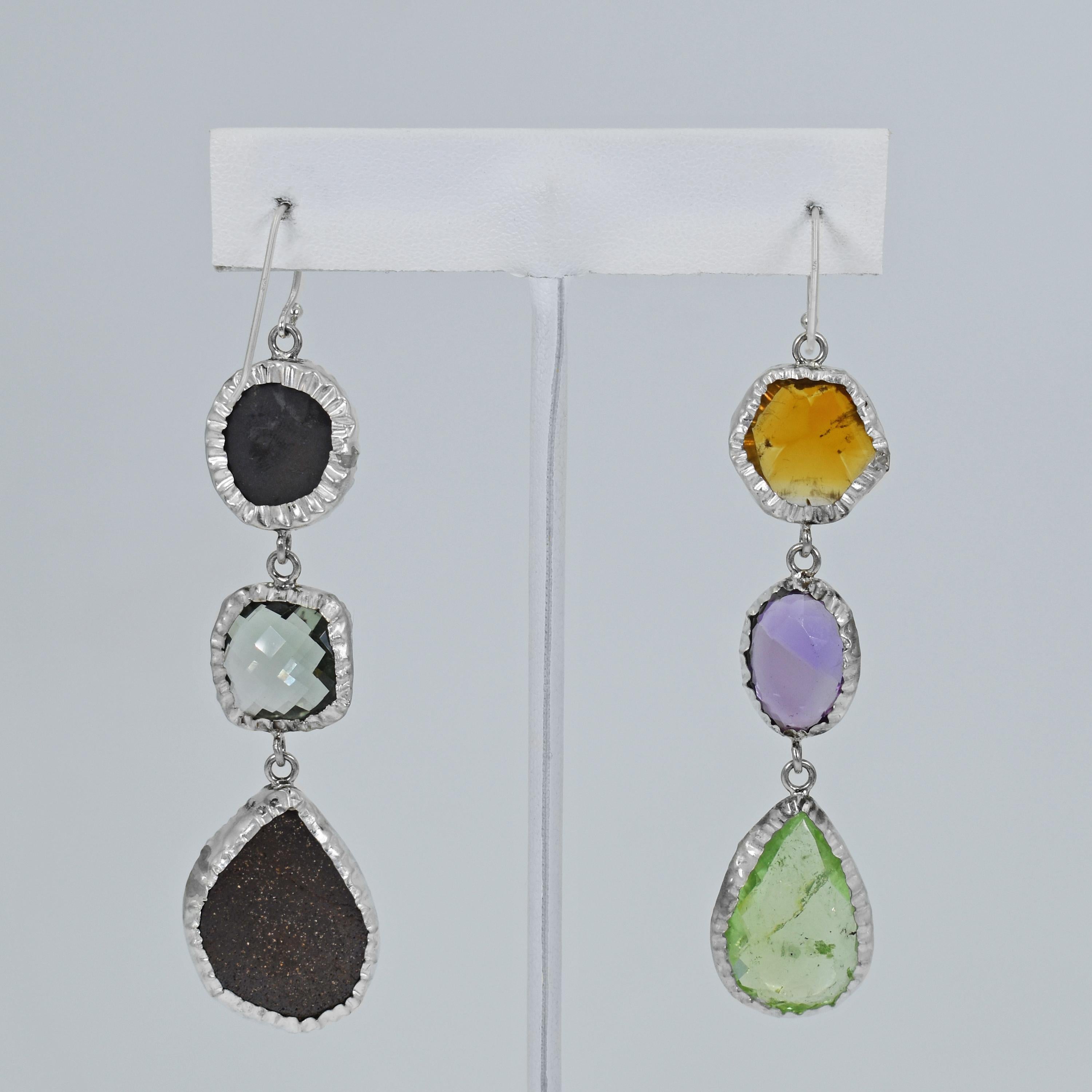 Citrine, Opal and Turquoise Sterling Silver Asymmetrical Dangle Earrings In New Condition For Sale In Naples, FL