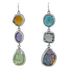 Citrine, Opal and Turquoise Sterling Silver Asymmetrical Dangle Earrings