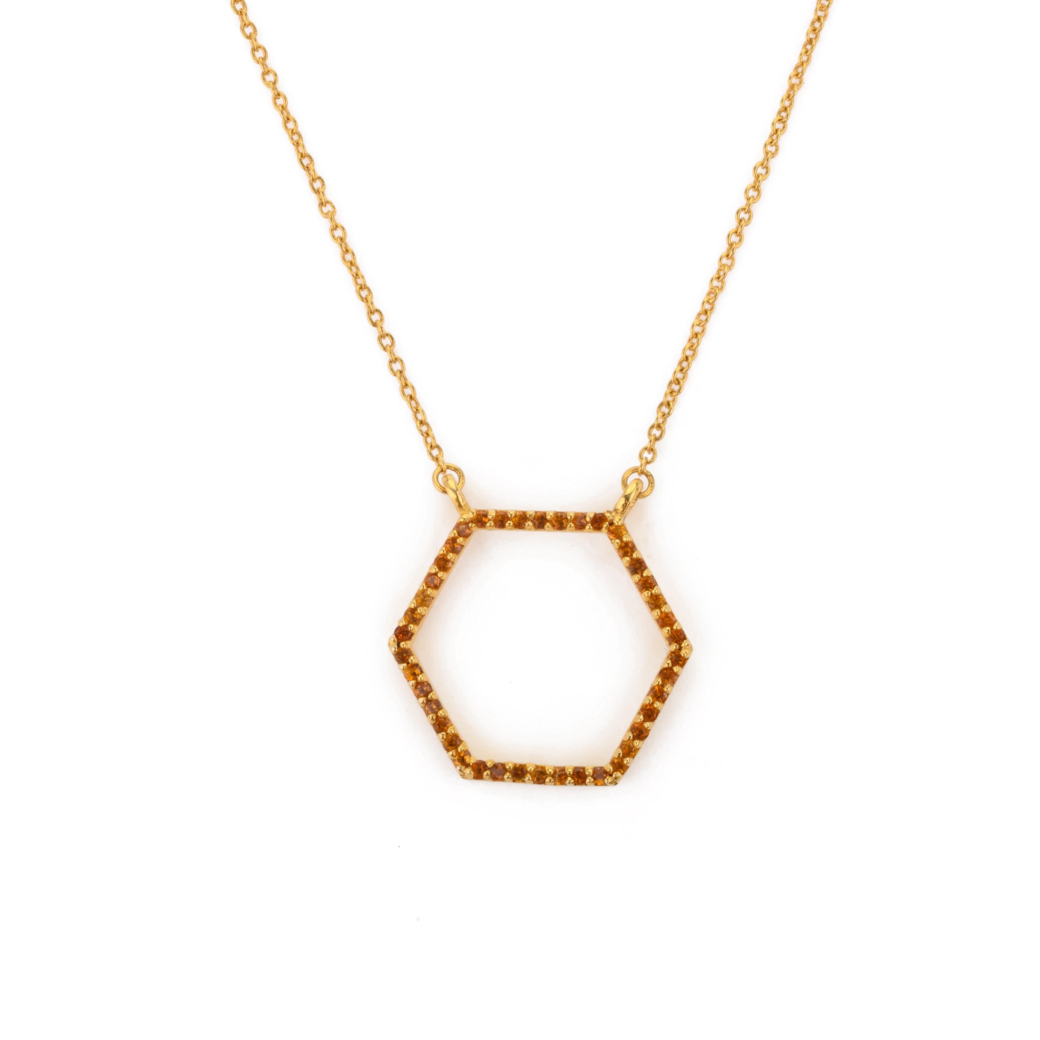 14k Solid Yellow Gold Citrine Hexagon Pendant Necklace Gift For Her In New Condition For Sale In Houston, TX