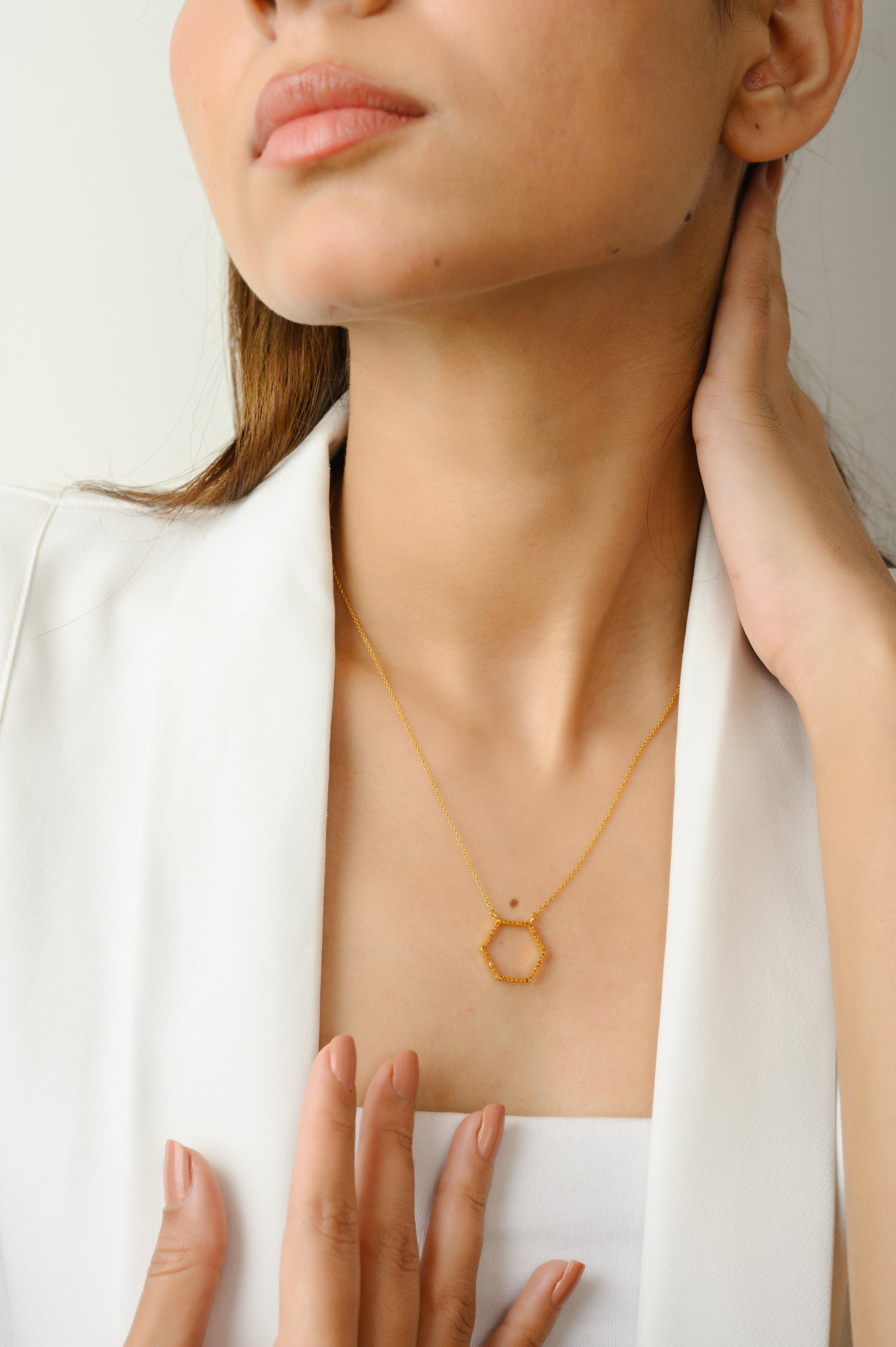 Citrine Hexagon Pendant Necklace in 14K Gold with round cut citrine. This stunning piece of jewelry instantly elevates a casual look or dressy outfit. 
Citrine has strong vibration energy which helps promotes mental clarity. 
Designed with round cut