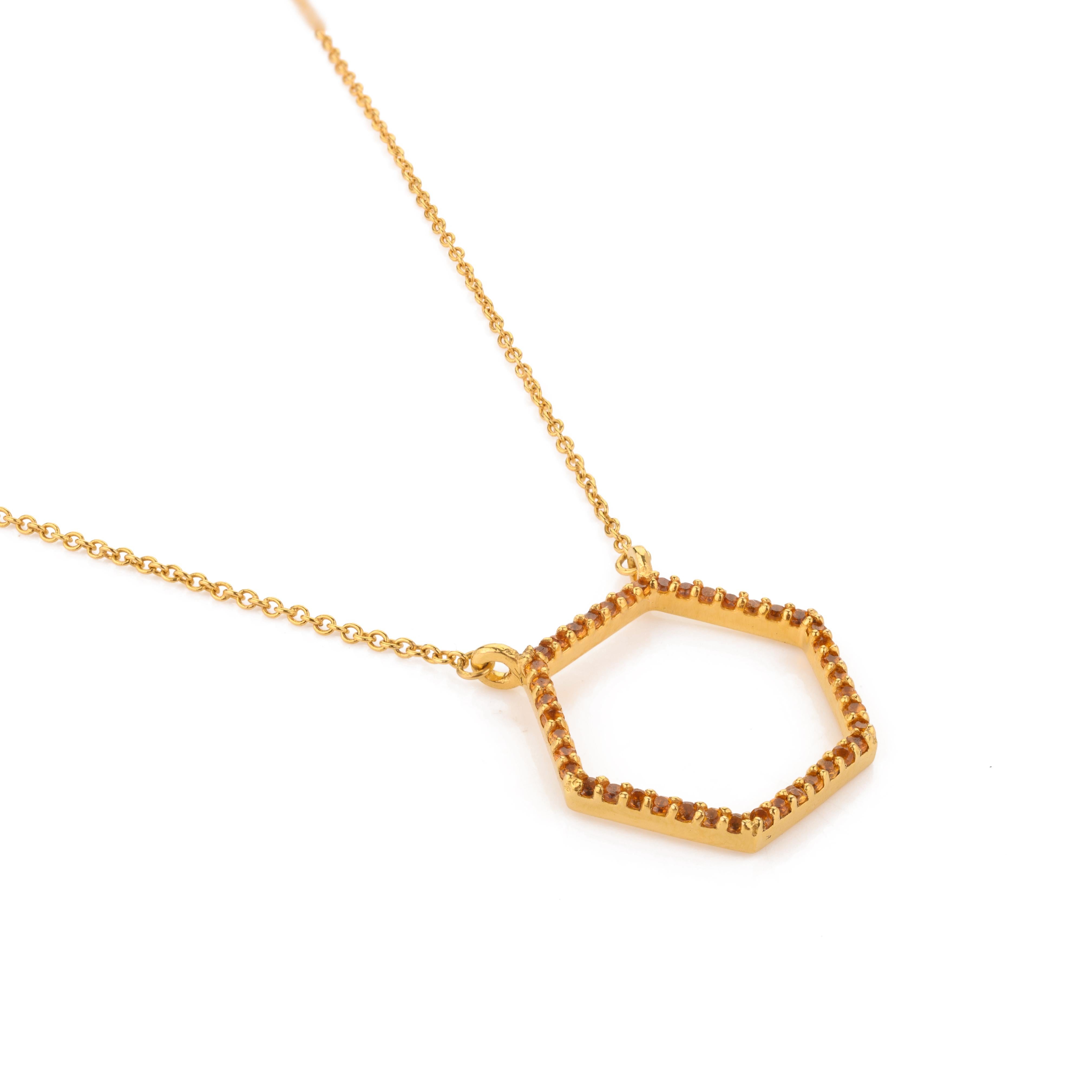 Modern 14k Solid Yellow Gold Citrine Hexagon Pendant Necklace Gift For Her For Sale