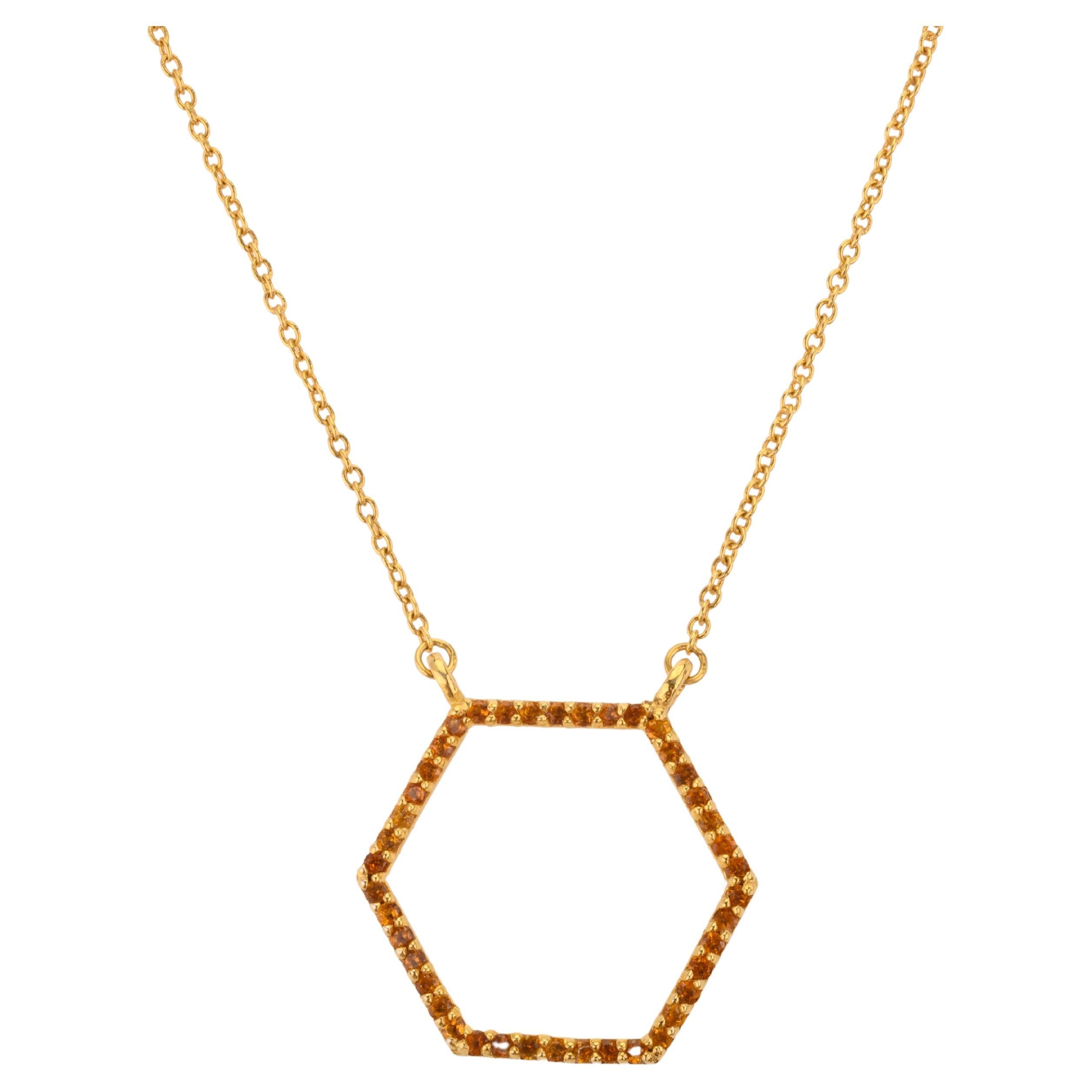 14k Solid Yellow Gold Citrine Hexagon Pendant Necklace Gift For Her For Sale