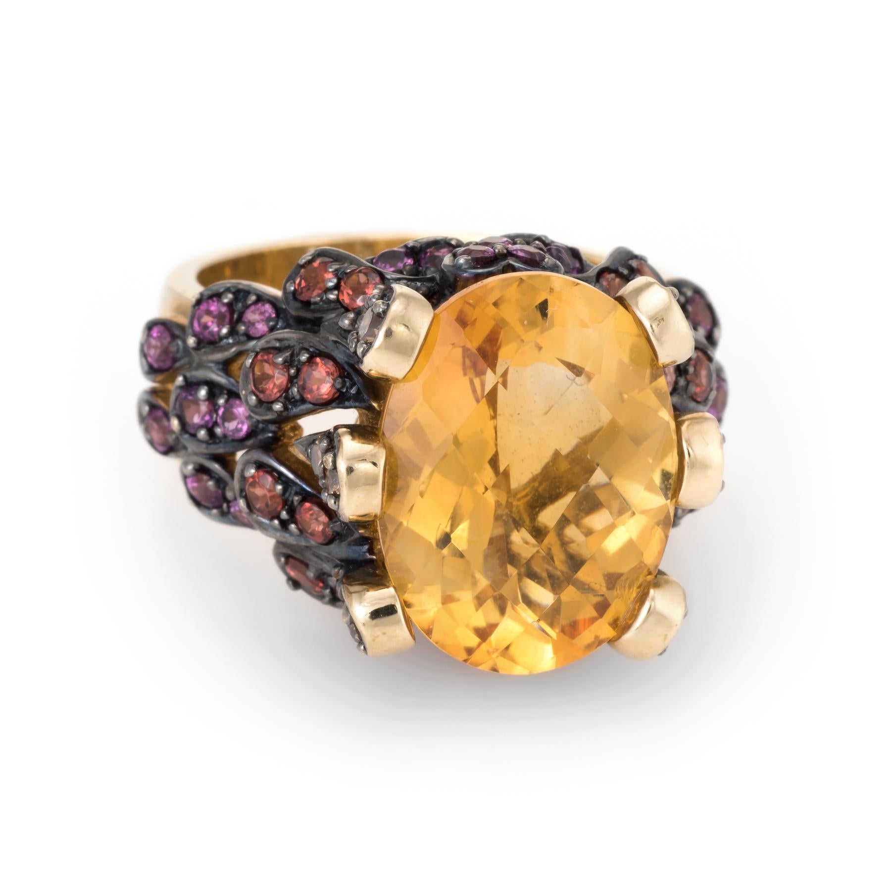 Finely detailed vintage cocktail ring, crafted in 10 karat yellow gold. 

Centrally mounted checkerboard faceted citrine measures 16mm x 11mm (estimated at 7 carats), accented with an estimated .24 carats of orange diamonds and 0.50 carats of pink