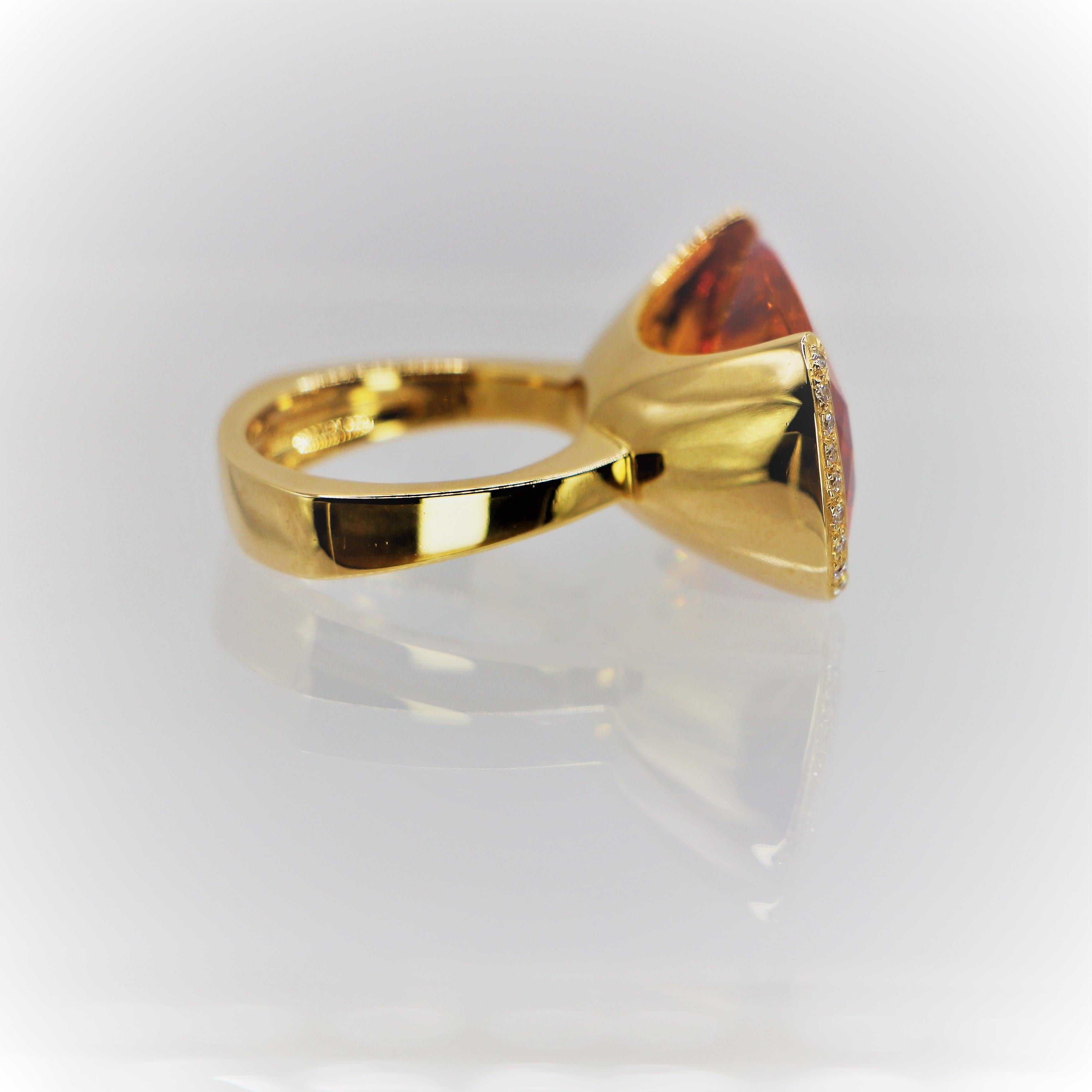 Modern Citrine Orange Rectangular Cut Statement Ring in 18Kt Yellow Gold with Diamonds For Sale