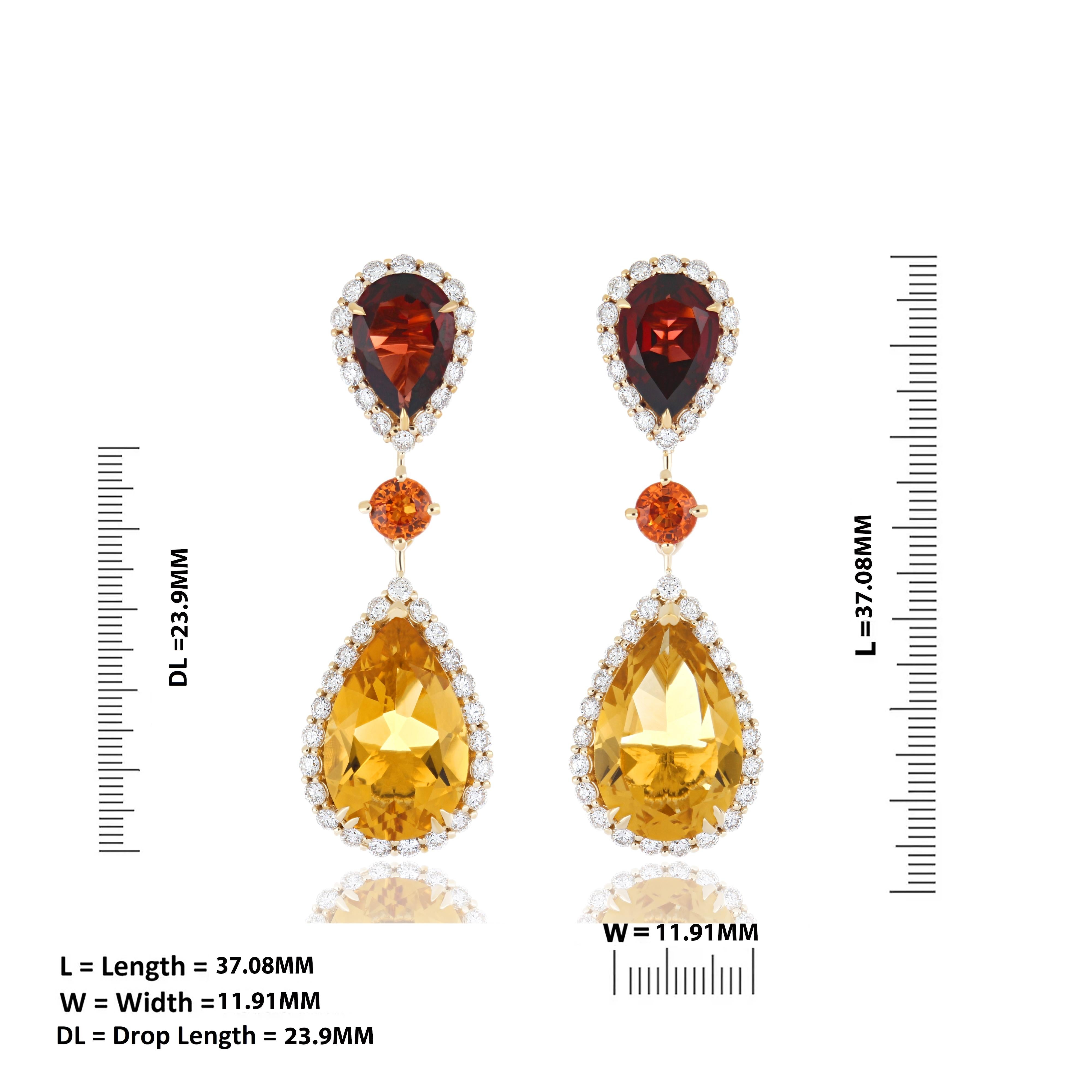Indulge in the epitome of opulence with these extraordinary 14-karat yellow gold earrings, where masterful craftsmanship meets impeccable design. At their core, two breathtaking 6.96-carat pear-shaped Citrine stones captivate with their vibrant
