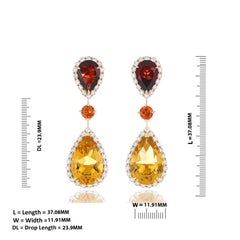 Citrine, Orange Sapphire, Garnet and Diamond Drop Earring in 14k Yellow Gold