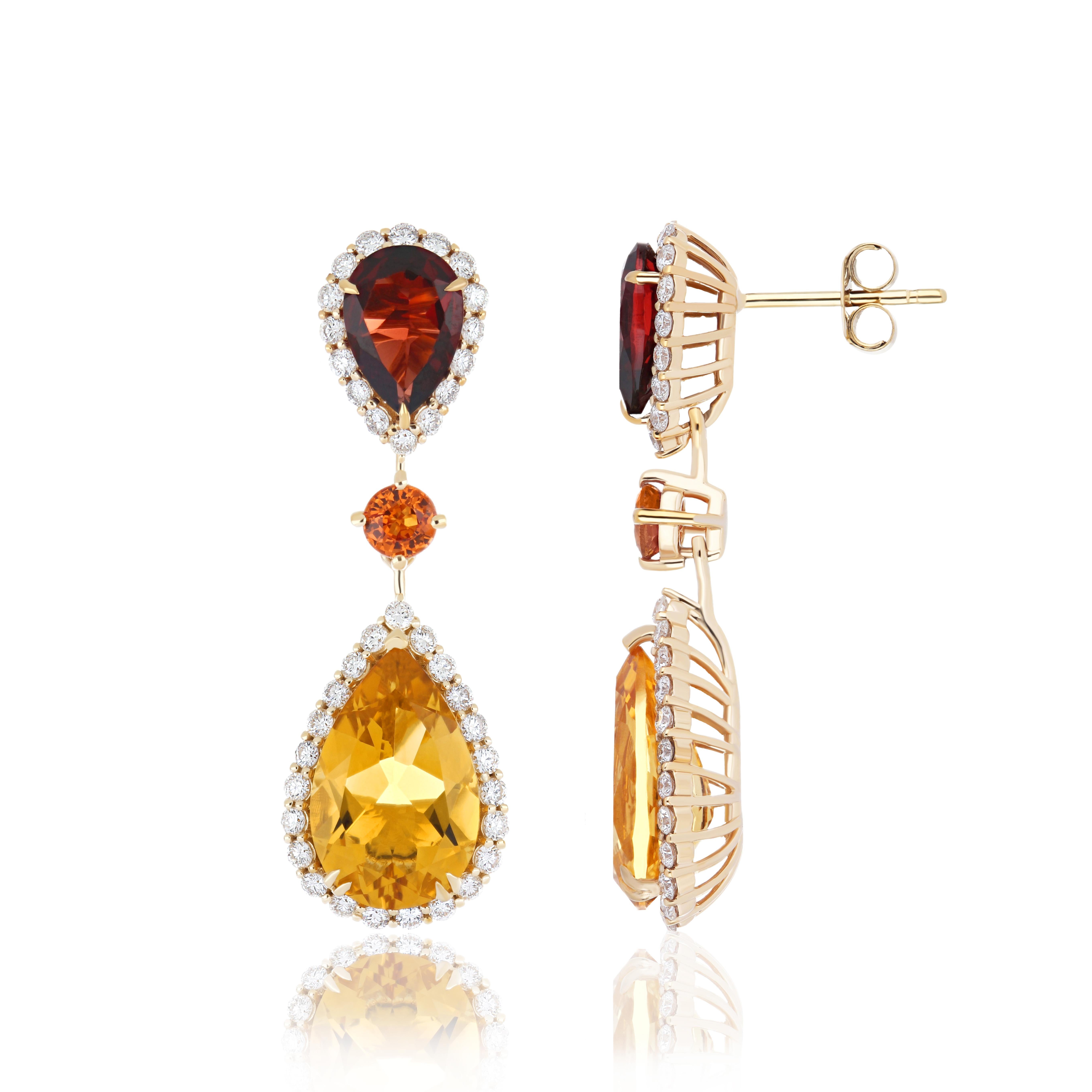 Pear Cut Citrine, Orange Sapphire, Garnet and Diamond Drop Earring in 14k Yellow Gold For Sale