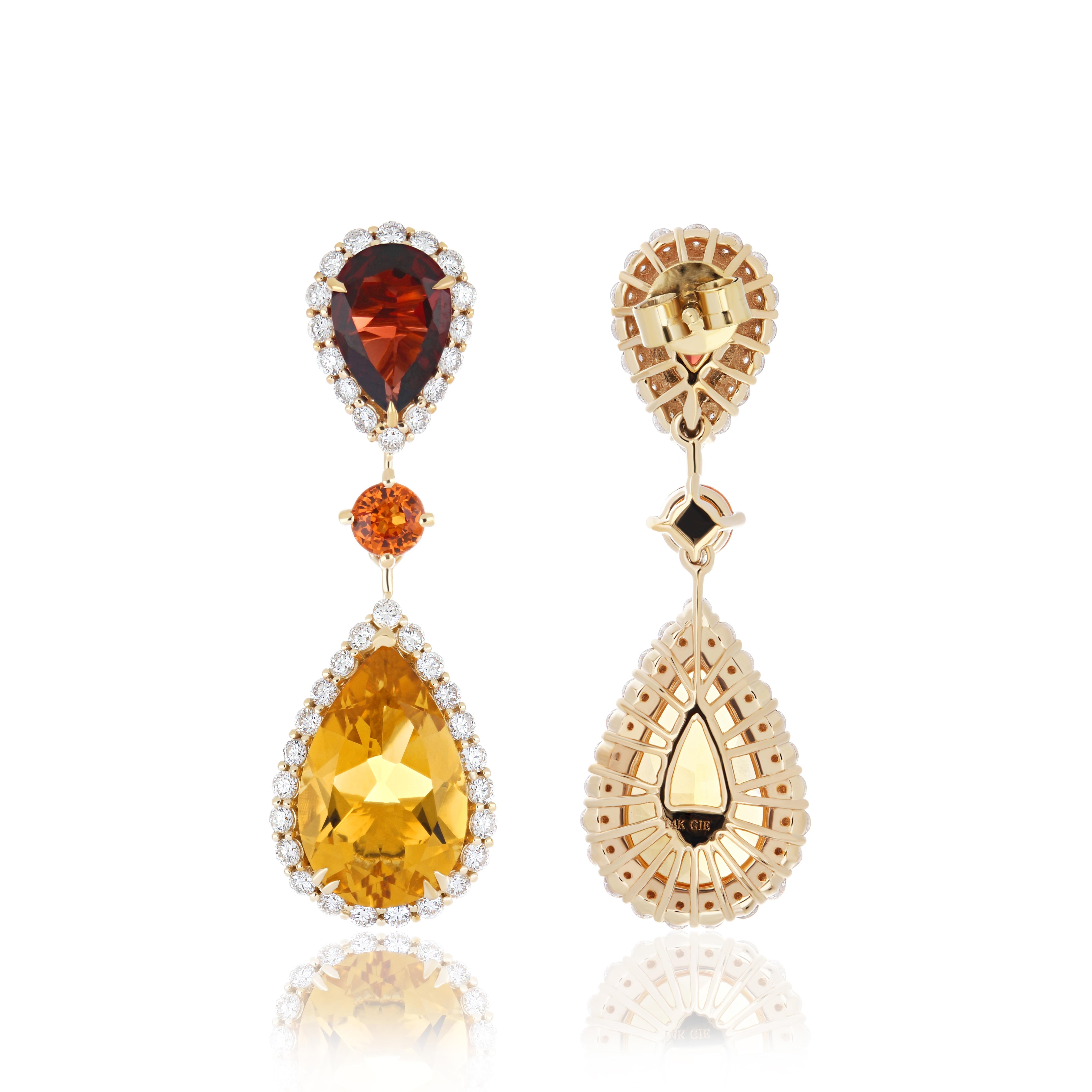 Citrine, Orange Sapphire, Garnet and Diamond Drop Earring in 14k Yellow Gold In New Condition For Sale In JAIPUR, IN