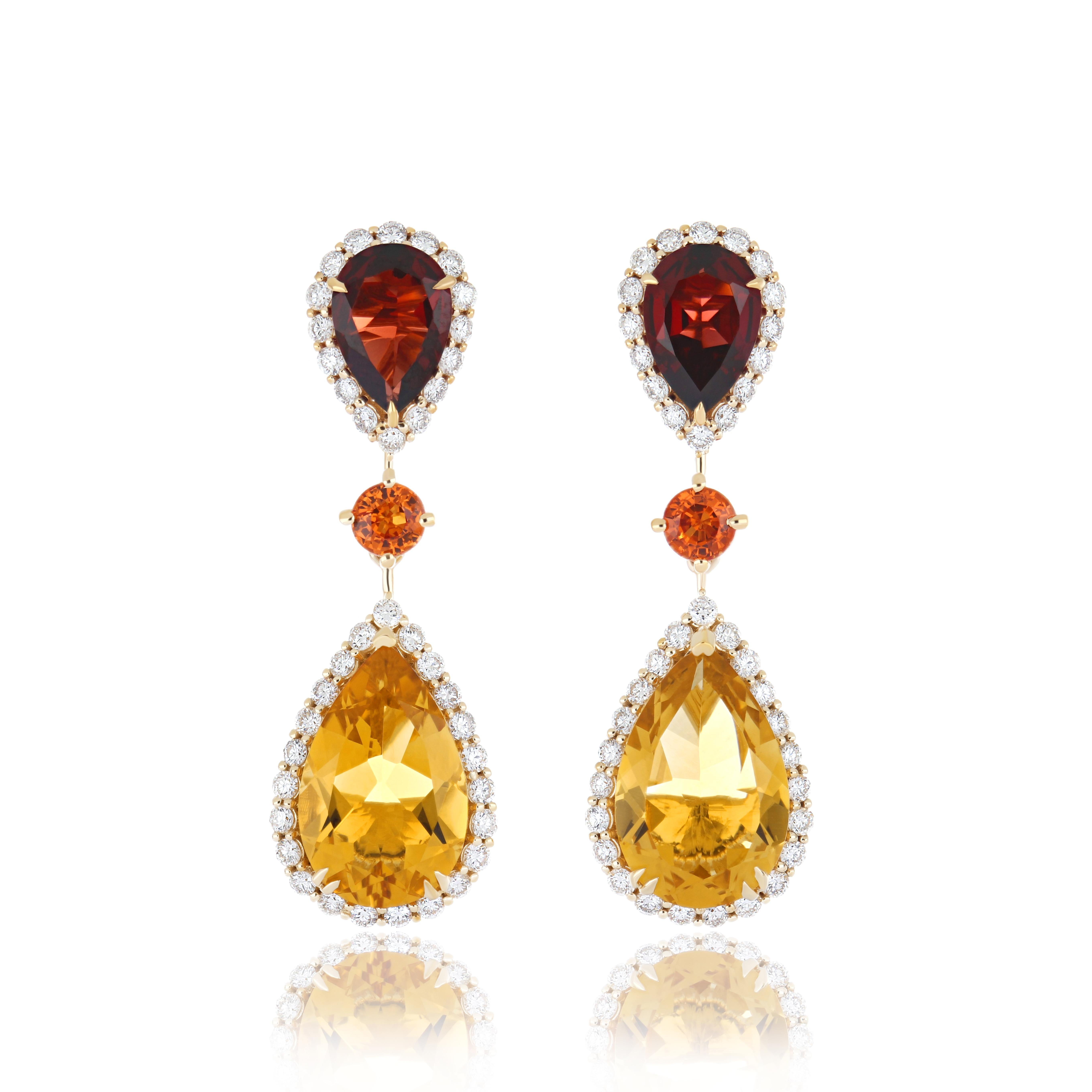 Citrine, Orange Sapphire, Garnet and Diamond Drop Earring in 14k Yellow Gold For Sale 4