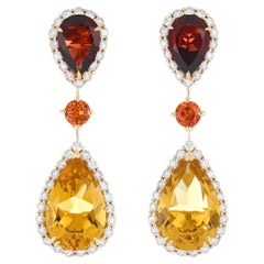 Orecchino a goccia con citrino, zaffiro arancione, granato e diamante in oro giallo 14k