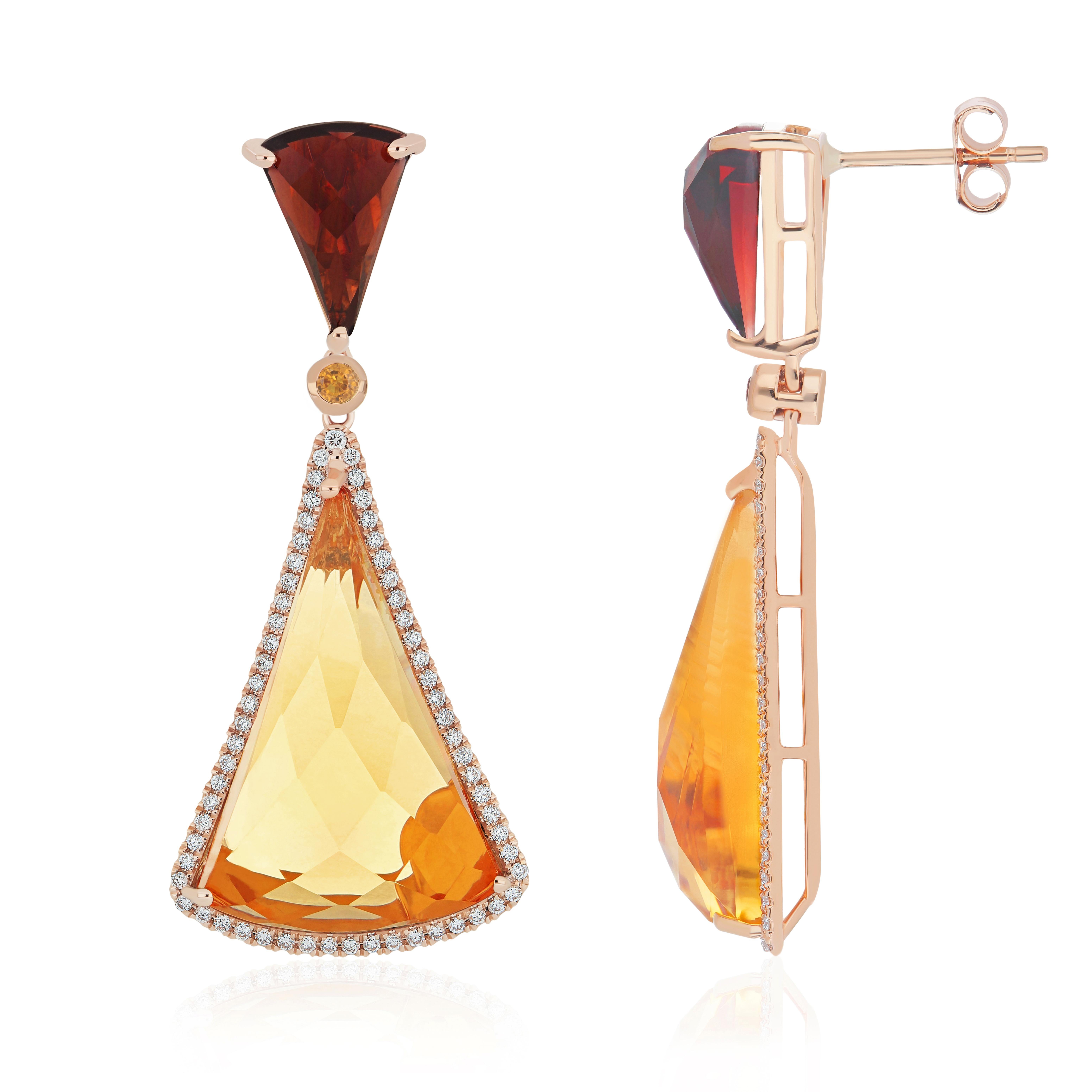 
Experience the pinnacle of luxury with these stunning 18-karat rose gold earrings, where flawless craftsmanship meets exceptional design. At their heart, two magnificent 19.14-carat fancy-shaped Checker cut Citrine stones shimmer with a