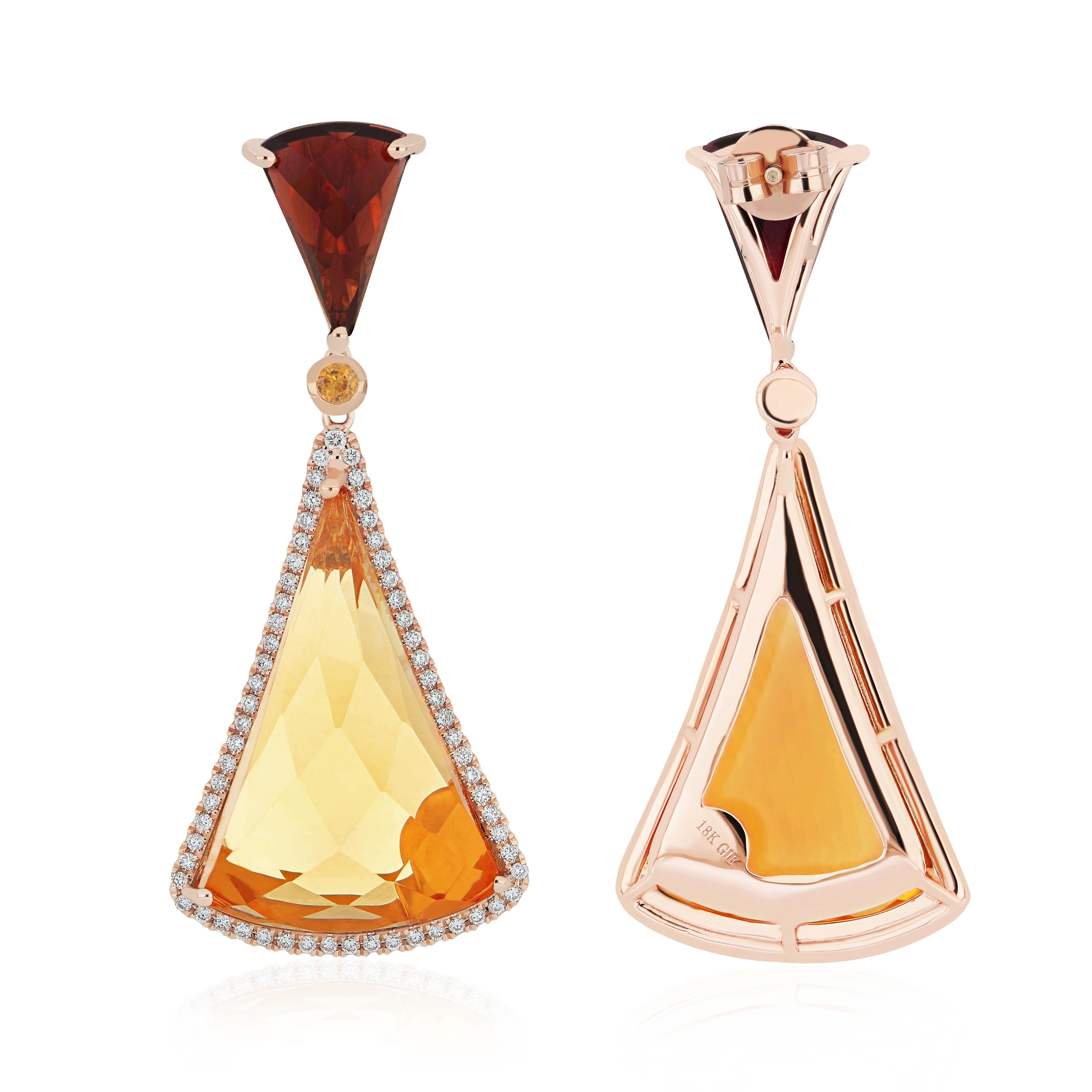 Modern Citrine, Orange sapphire, Garnet and Diamond Studded 18k Rose Gold Earring For Sale