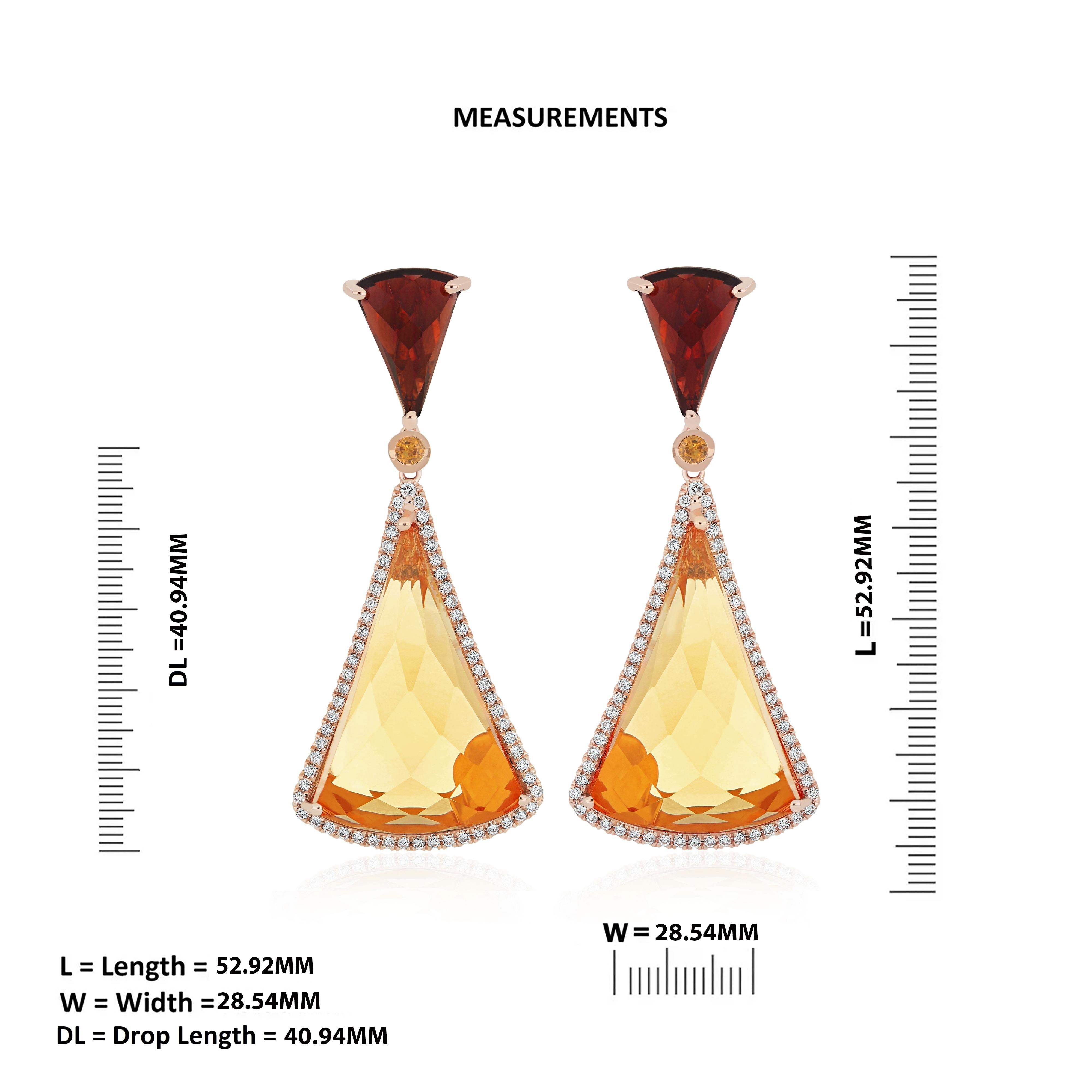 Mixed Cut Citrine, Orange sapphire, Garnet and Diamond Studded 18k Rose Gold Earring For Sale