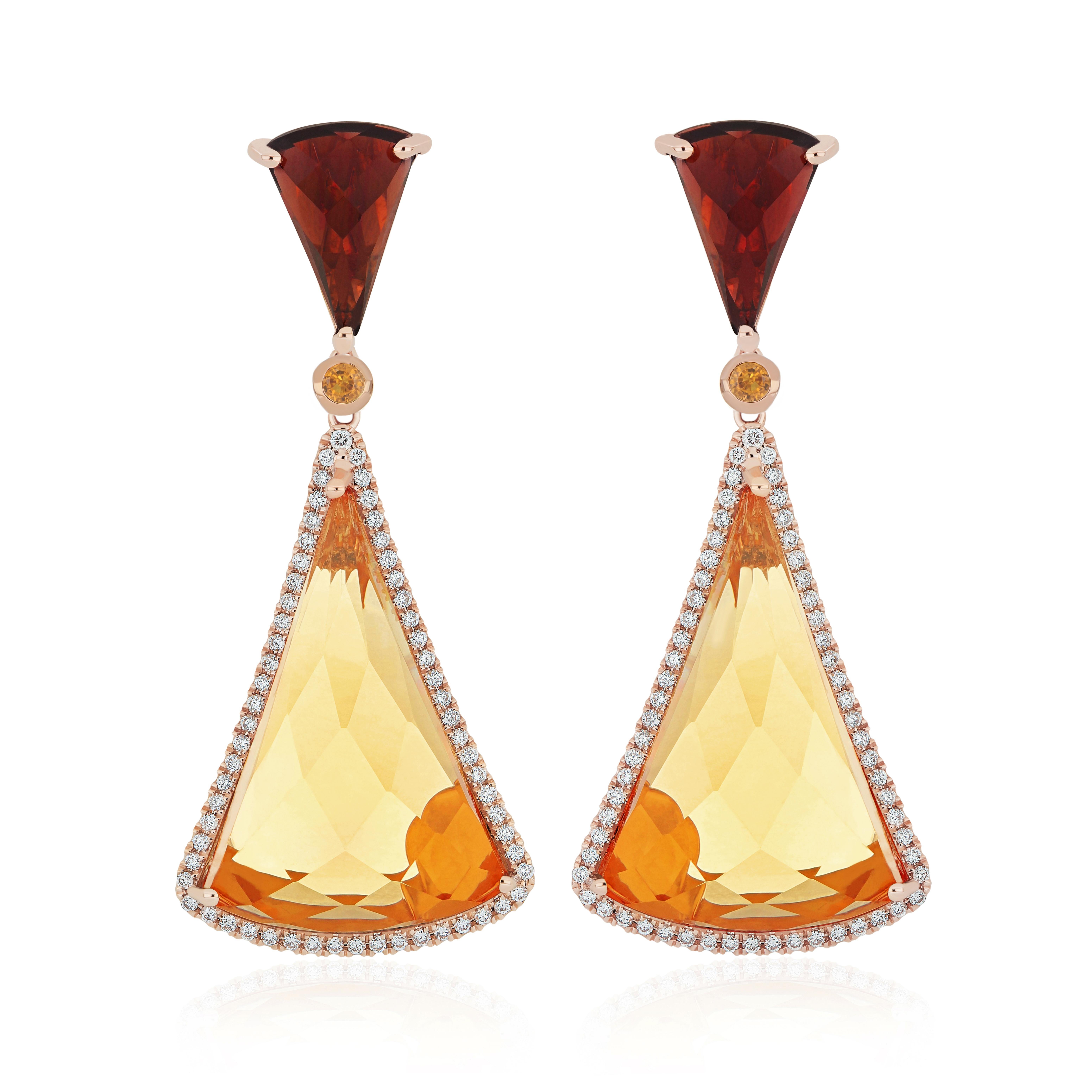 Citrine, Orange sapphire, Garnet and Diamond Studded 18k Rose Gold Earring In New Condition For Sale In JAIPUR, IN