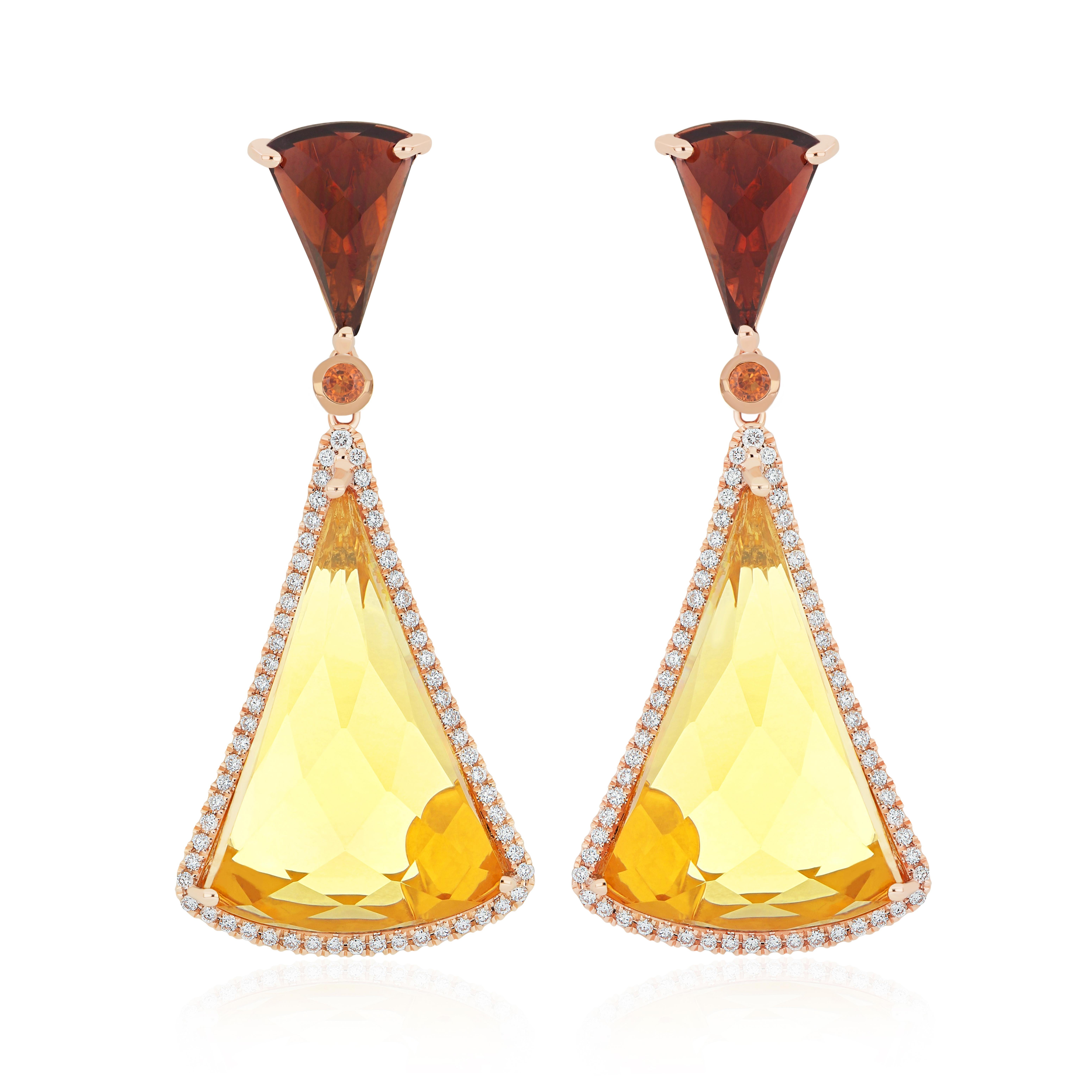 Citrine, Orange sapphire, Garnet and Diamond Studded 18k Rose Gold Earring For Sale 2