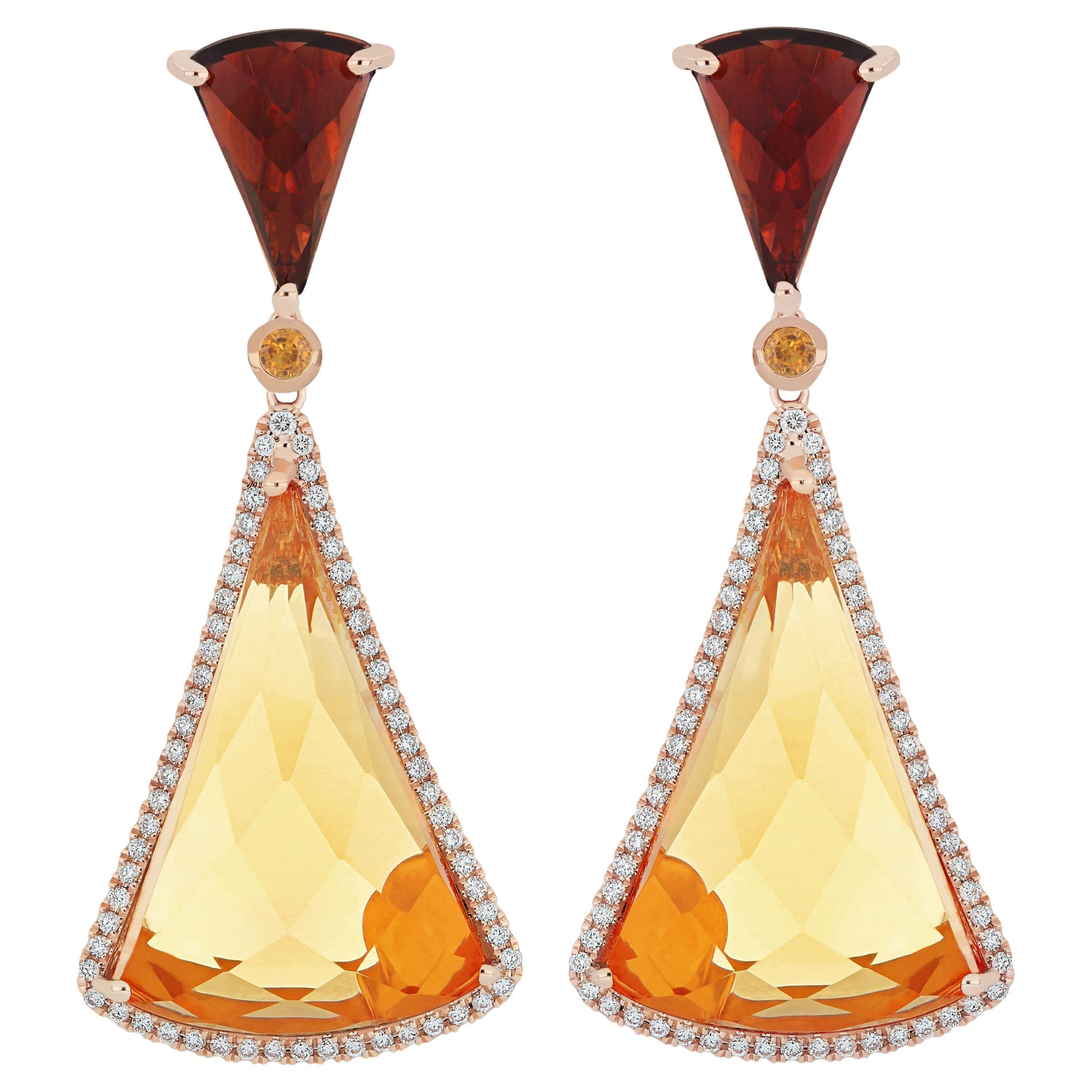 Citrine, Orange sapphire, Garnet and Diamond Studded 18k Rose Gold Earring