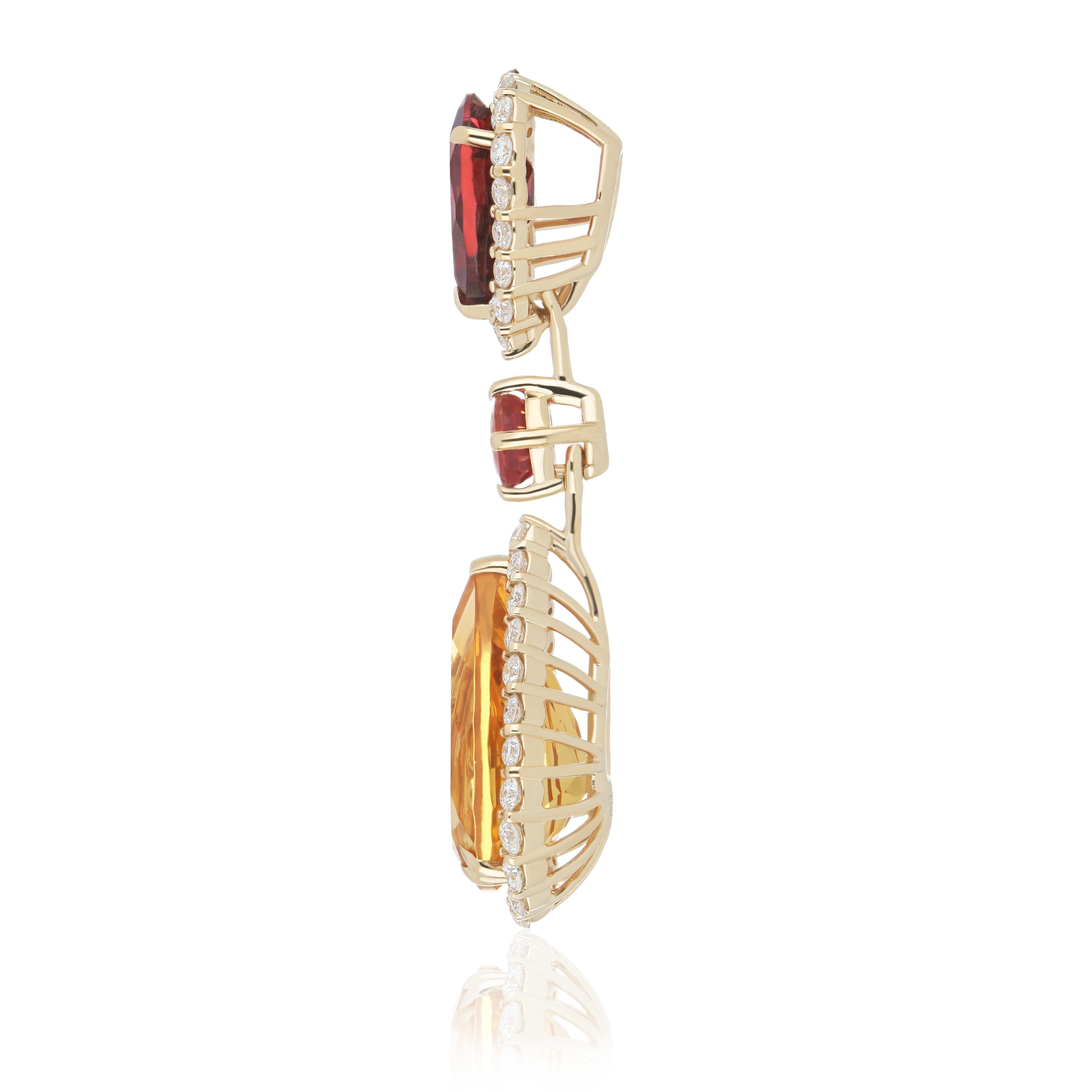 Indulge in unparalleled luxury with this masterfully crafted 14-karat yellow gold pendant, a true work of art. At its heart lies a magnificent 3.55-carat Pear-shaped Faceted cut Citrine, its vibrant, radiant hue capturing the light with every