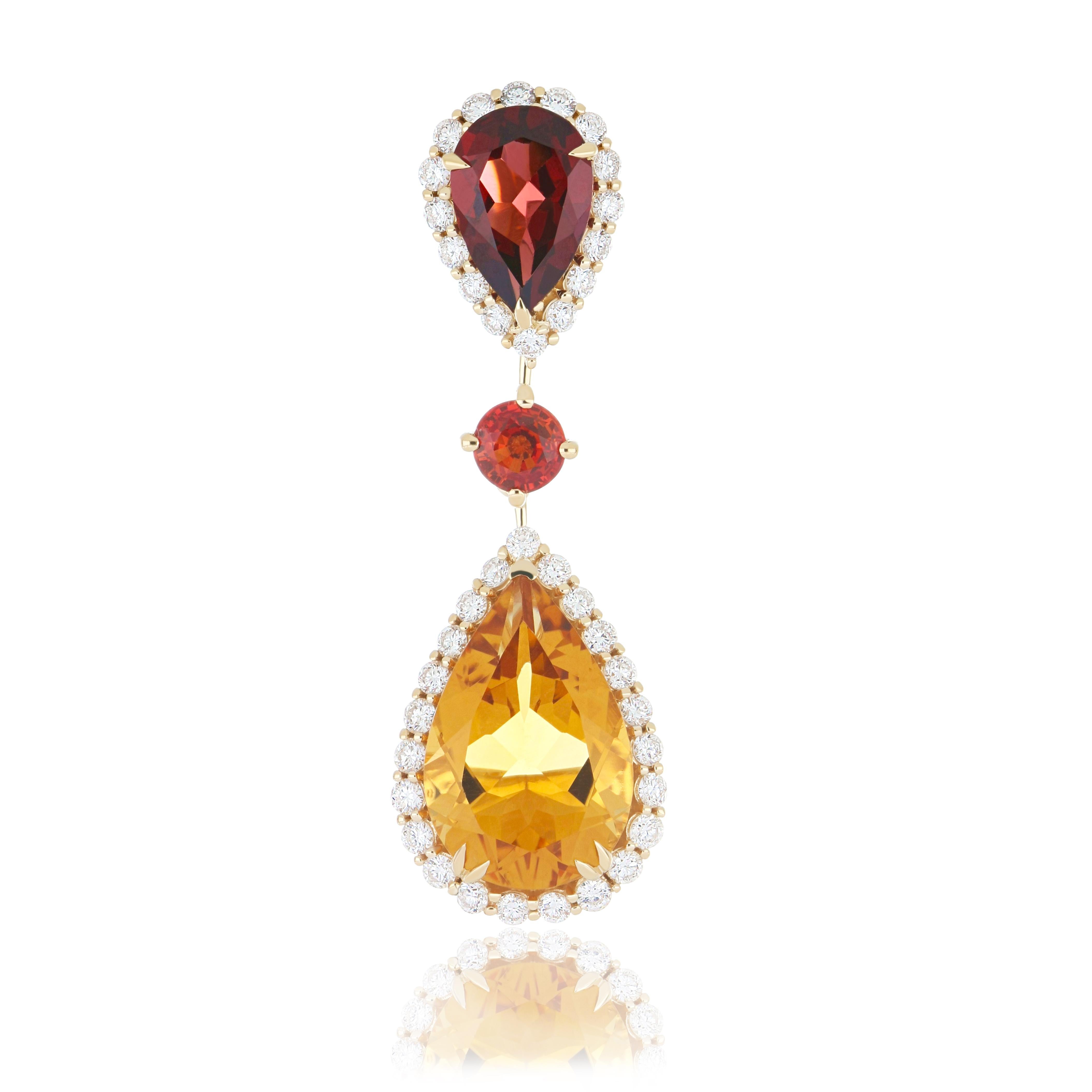 Citrine, Orange Sapphire, Garnet and Diamond Studded Pendant in 14K Yellow Gold For Sale 2