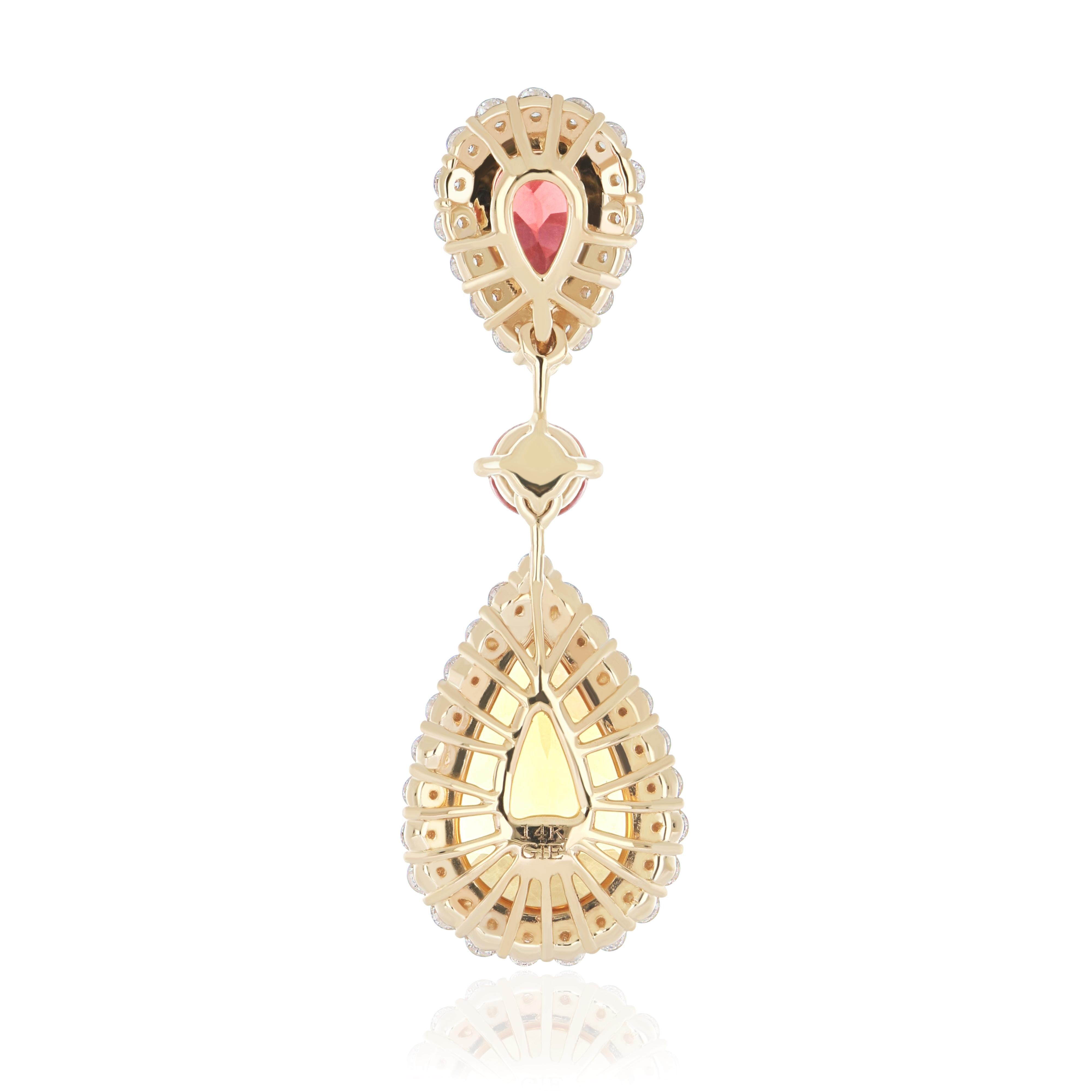 Citrine, Orange Sapphire, Garnet and Diamond Studded Pendant in 14K Yellow Gold For Sale 3