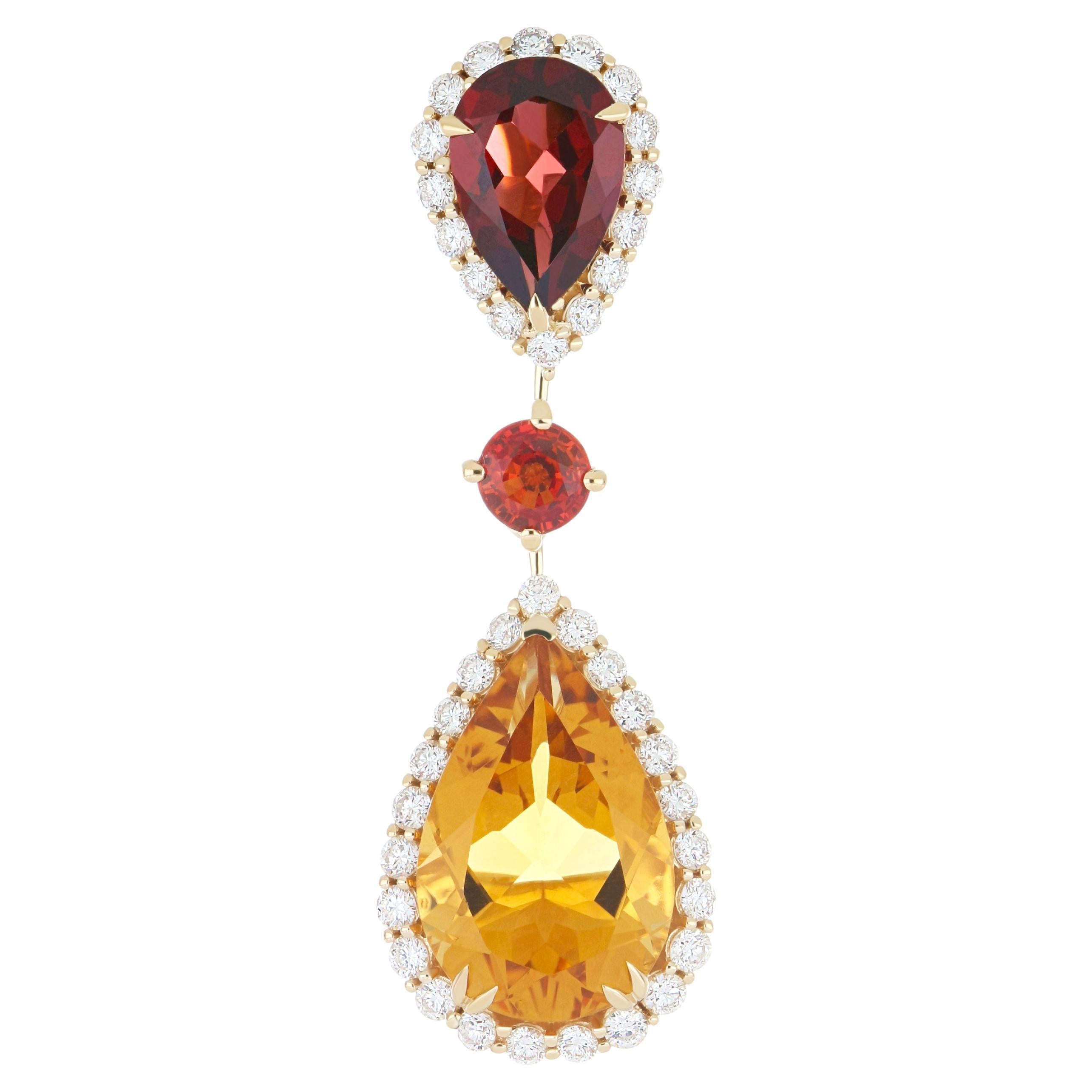 Citrine, Orange Sapphire, Garnet and Diamond Studded Pendant in 14K Yellow Gold