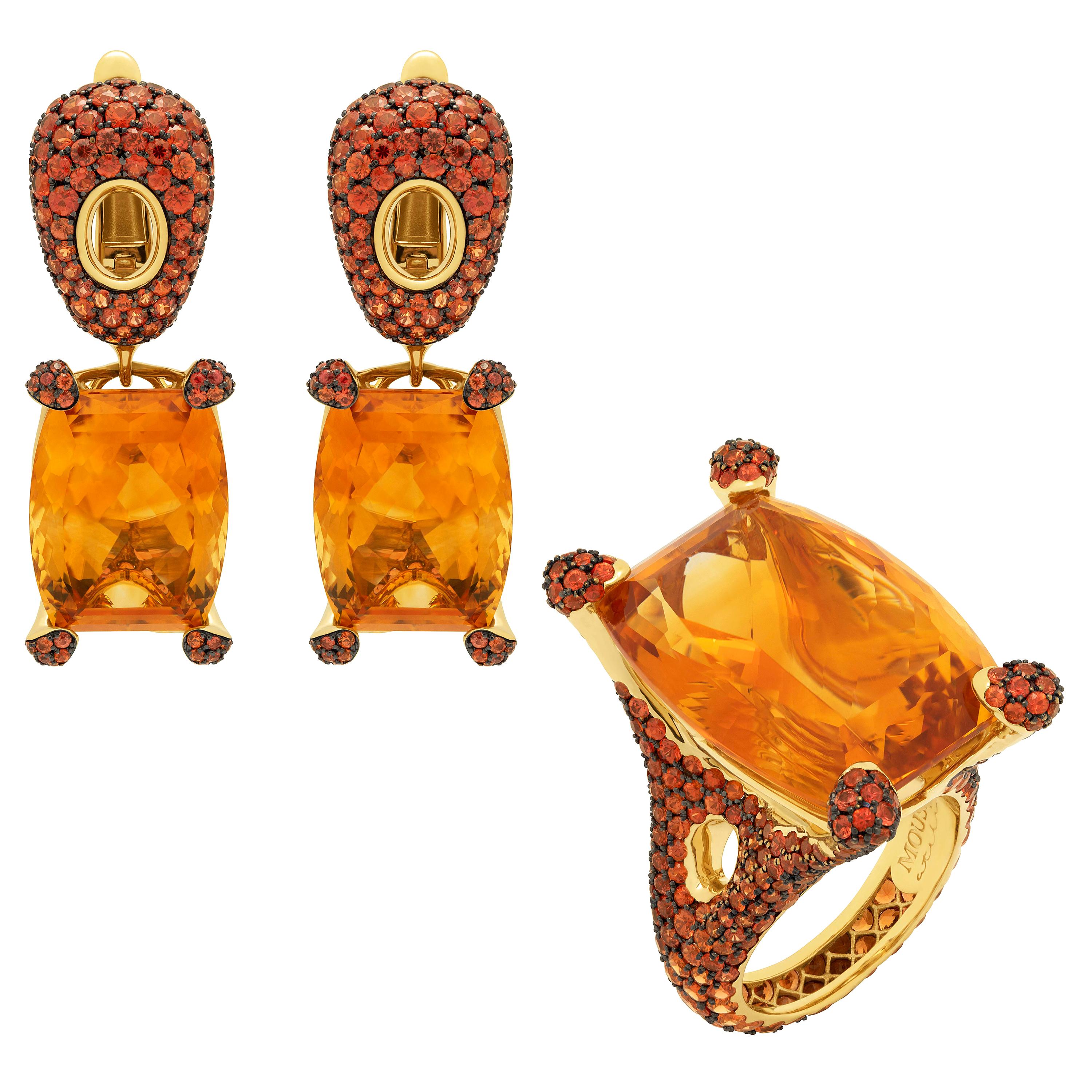 Citrine Orange Sapphires 18 Karat Yellow Gold Suite For Sale