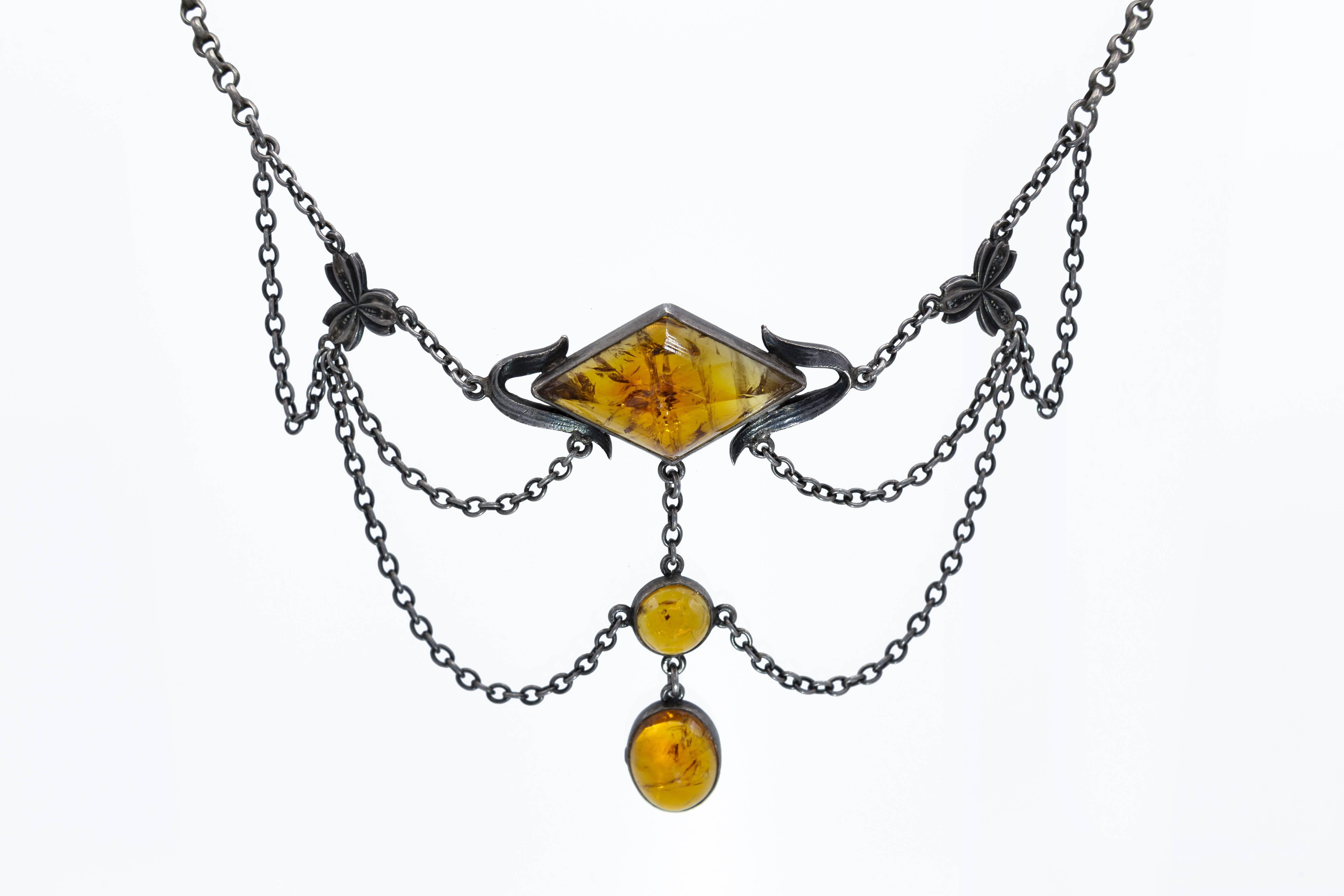 Citrine Oxidized Silver Draped Arts & Crafts Necklace For Sale 1