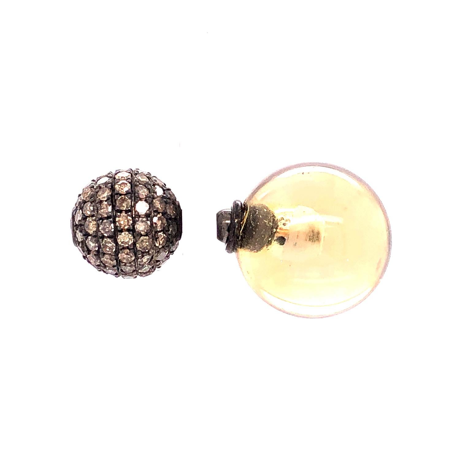 Taglio misto Orecchini a tunnel con Citrino e Diamanti Pave in Oro 14k e A. Silver in vendita