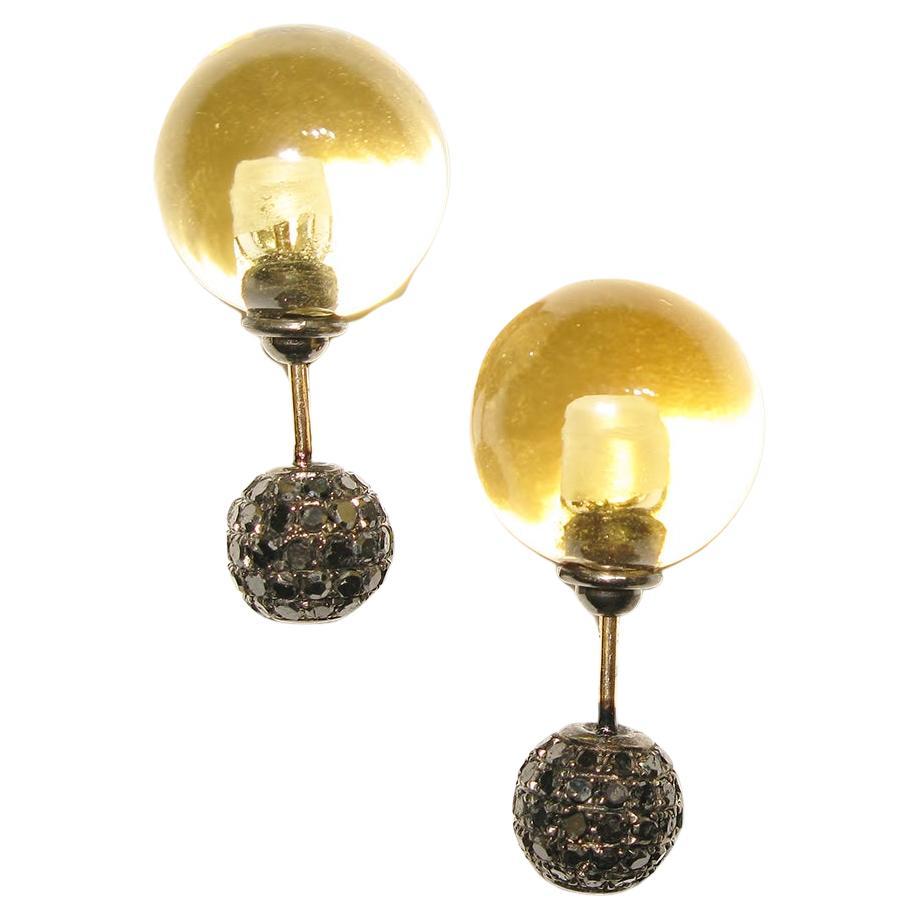 Citrine & Pave Diamond Ball Tunnel Earrings Made in 14k Gold & Silver For Sale