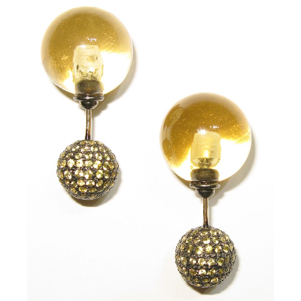 Taglio misto Orecchini a tunnel con zaffiri e diamanti Citrino e Pave in oro e argento 14k in vendita