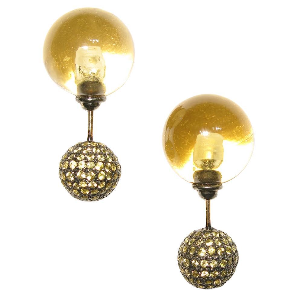 Citrine & Pave Sapphire & Diamond Ball Tunnel Earrings Made in 14k Gold & Silver For Sale