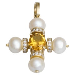Citrine, Pearl, and Diamond Cross Pendant