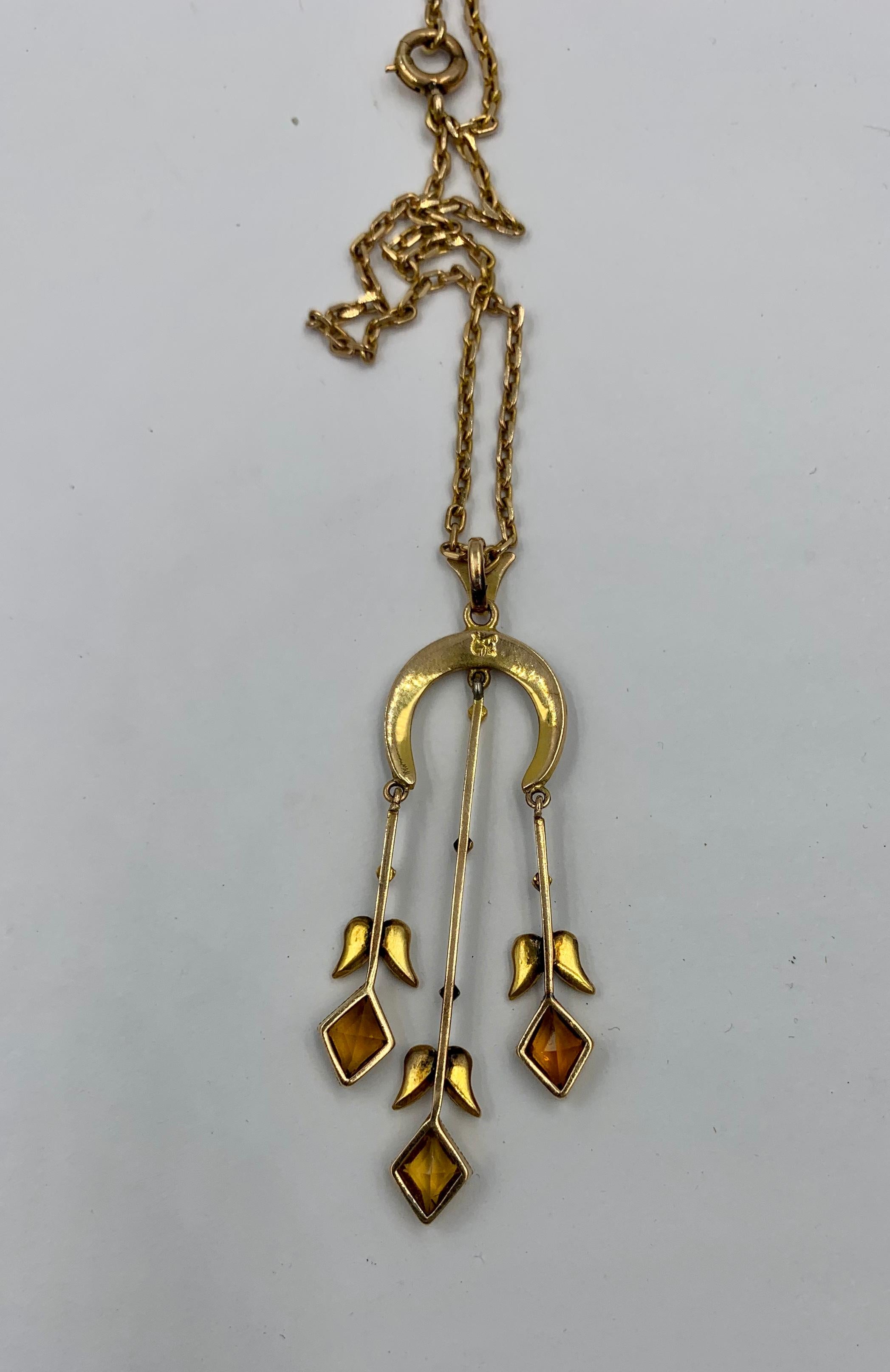 Citrine Pearl Art Deco Pendant Lavalier Necklace Antique Gold Fisher Co. For Sale 2