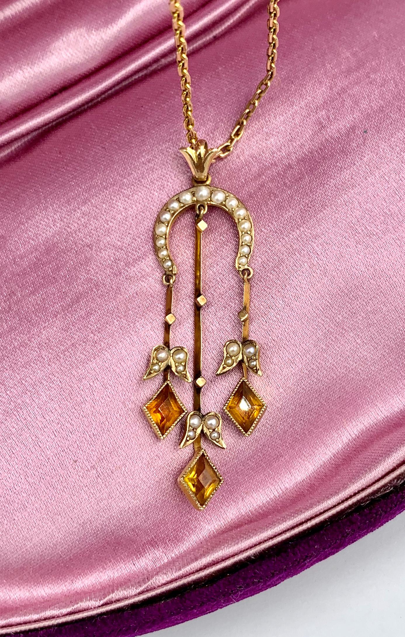 Mixed Cut Citrine Pearl Art Deco Pendant Lavalier Necklace Antique Gold Fisher Co. For Sale