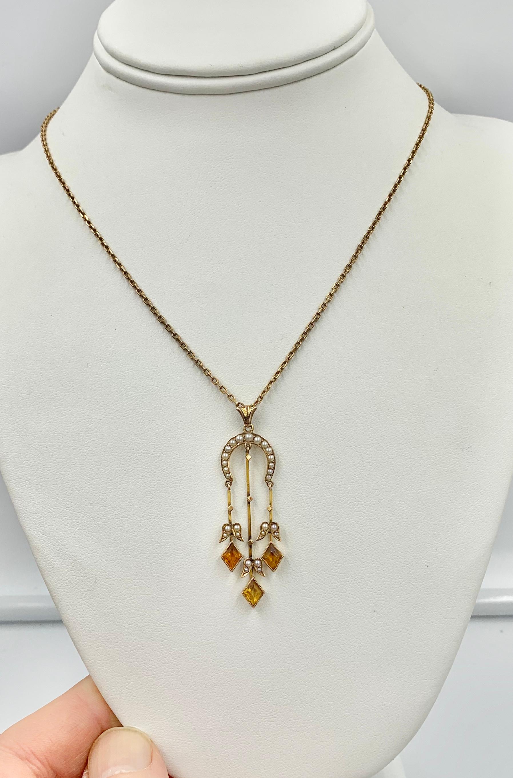 Citrine Pearl Art Deco Pendant Lavalier Necklace Antique Gold Fisher Co. In Good Condition For Sale In New York, NY